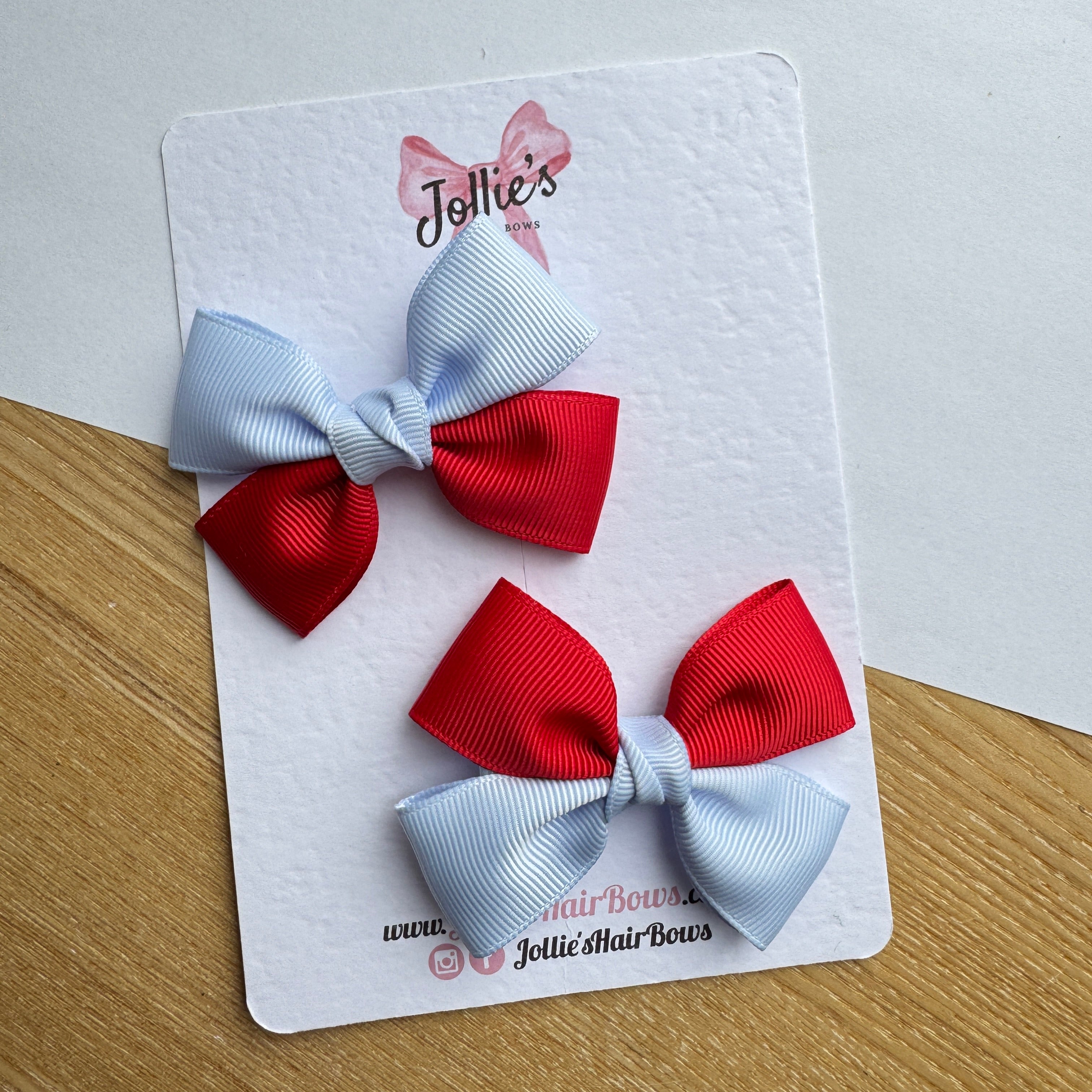 2.5" Red & Bluebell Classic Hair Bow Pair – Grosgrain Ribbon Clips with Teeth