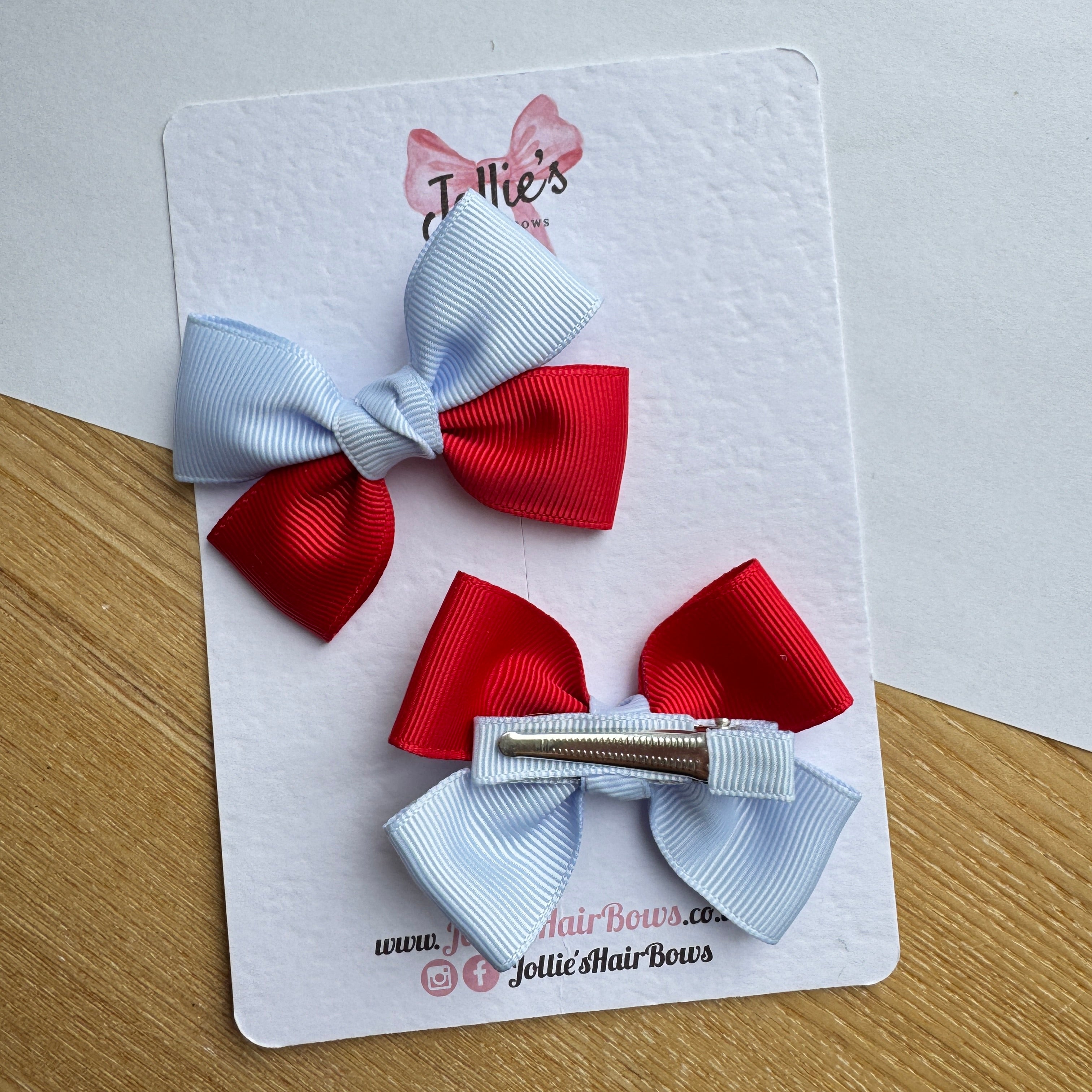 2.5" Red & Bluebell Classic Hair Bow Pair – Grosgrain Ribbon Clips with Teeth