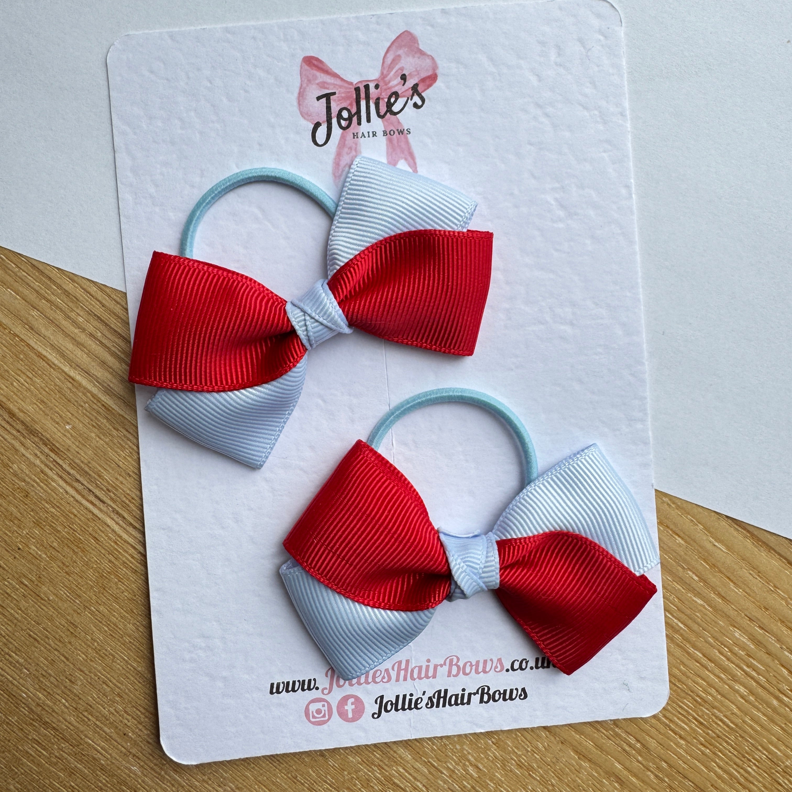 3" Red & Bluebell Twisty Hair Bow Pair – Grosgrain Ribbon on Thin Elastic