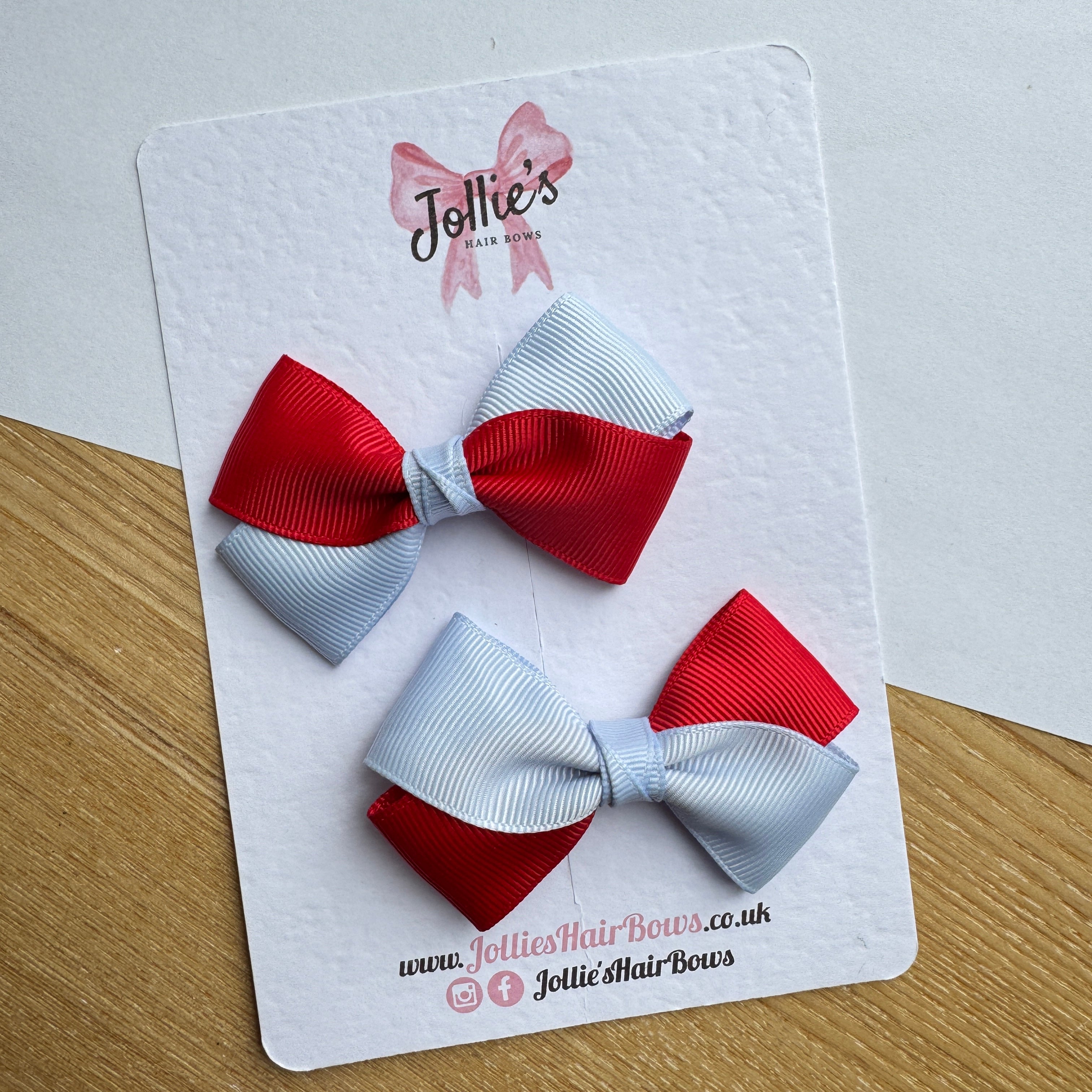 3" Red & Bluebell Twisty Hair Bow Pair – Grosgrain Ribbon Clips with Teeth