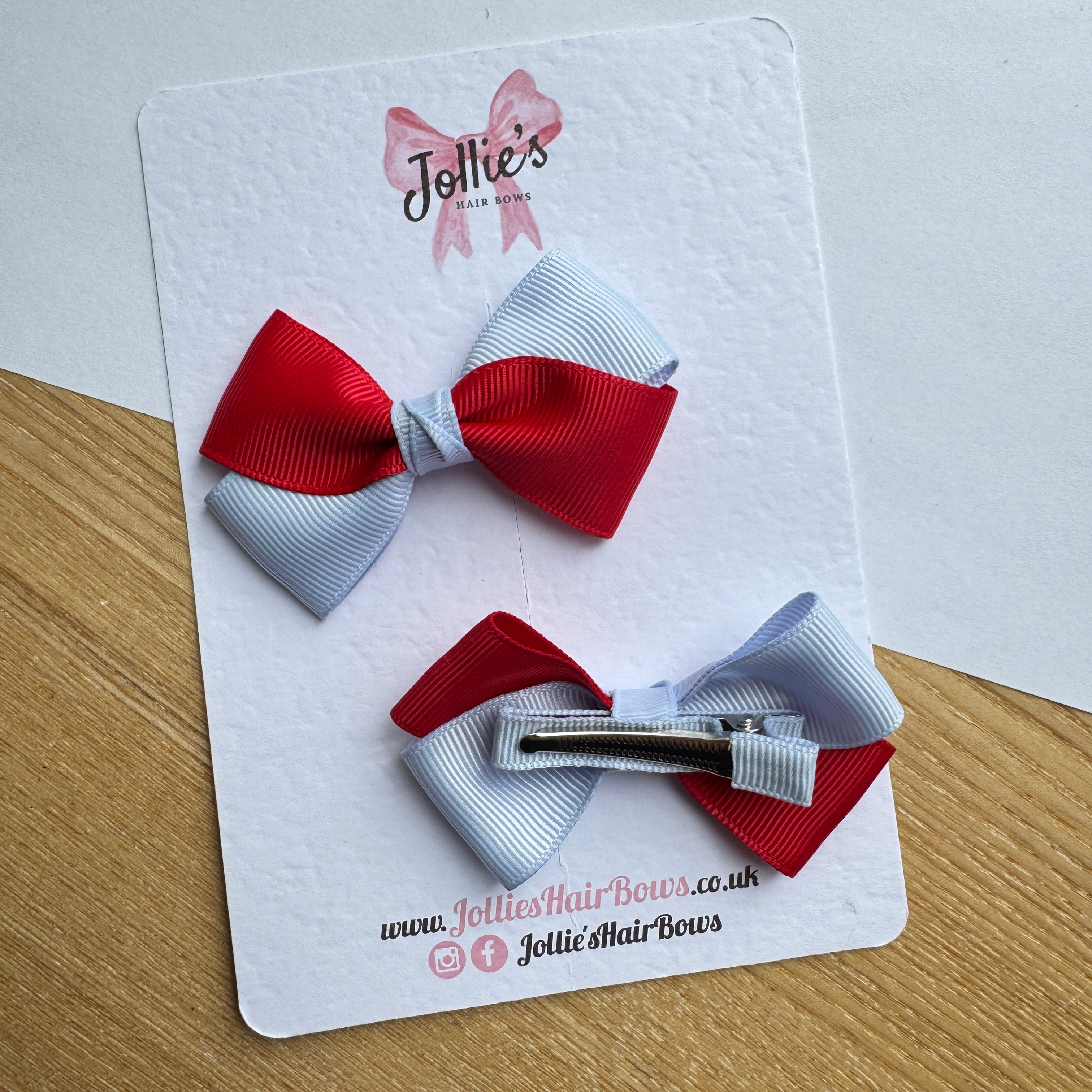3" Red & Bluebell Twisty Hair Bow Pair – Grosgrain Ribbon Clips with Teeth