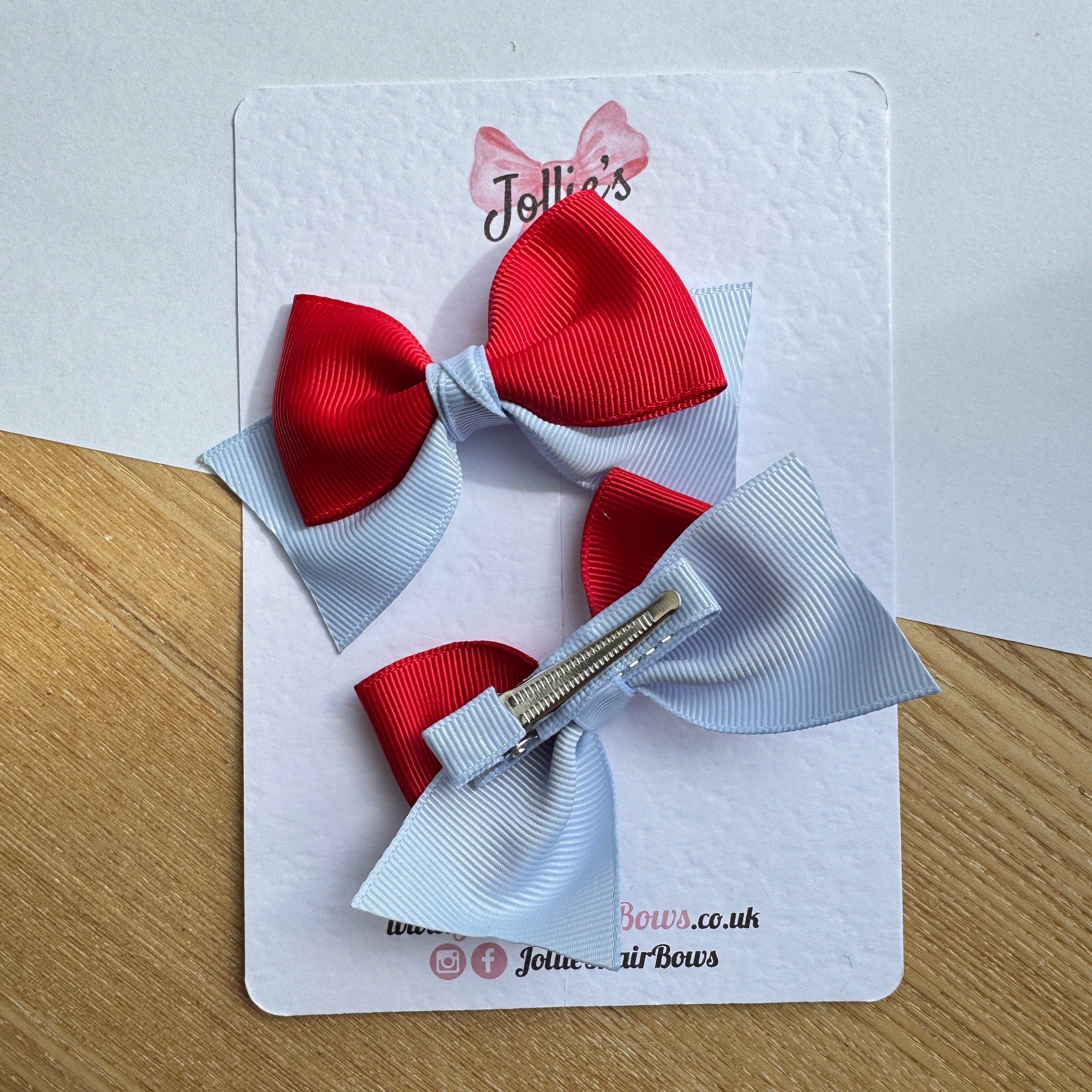 3" Red & Bluebell Layered Pointed-Tail Hair Bow Pair – Grosgrain Ribbon Clips with Teeth