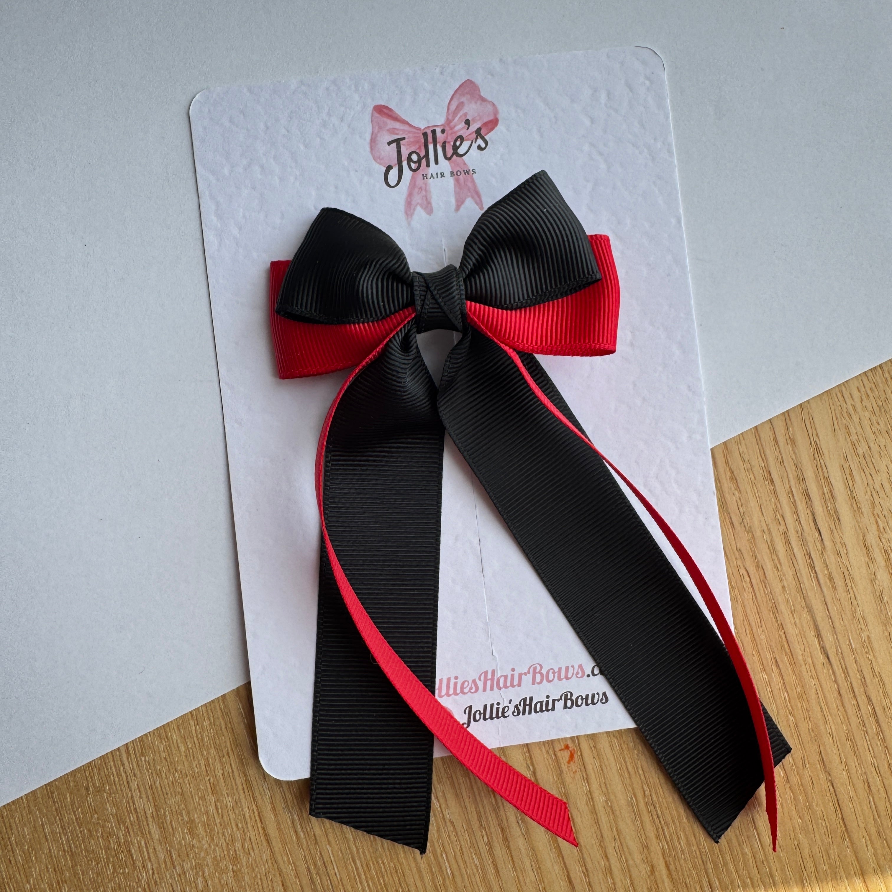 3" Red & Black Ribbon Tail Hair Bow – Grosgrain Ribbon Clip with Teeth