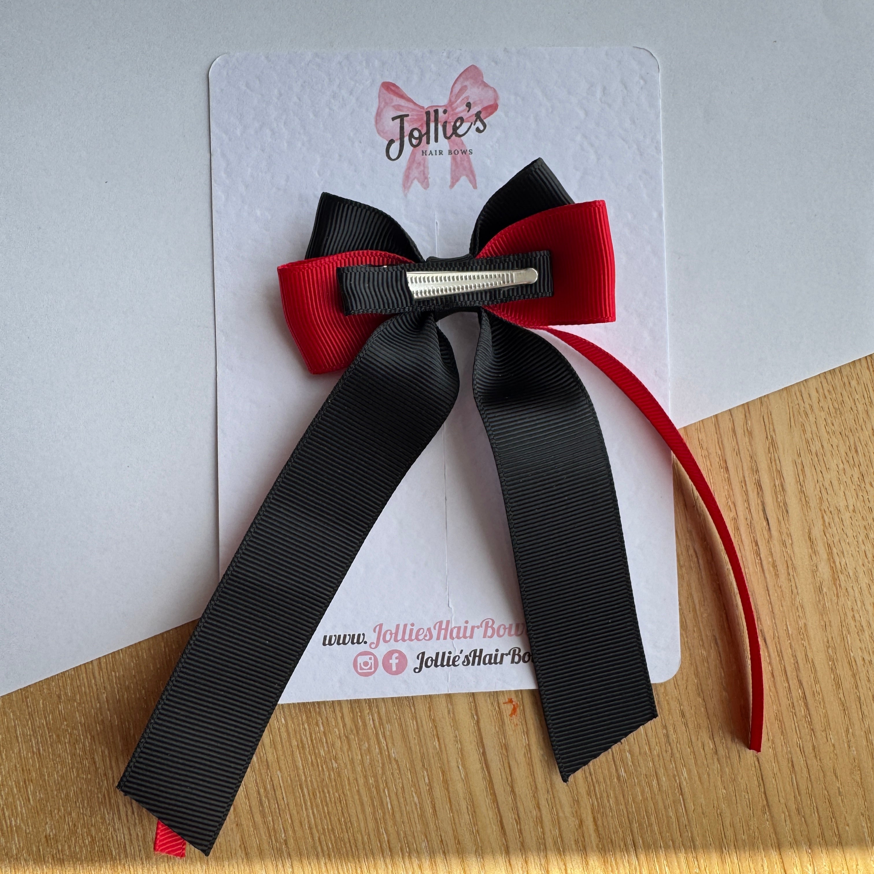 3" Red & Black Ribbon Tail Hair Bow – Grosgrain Ribbon Clip with Teeth