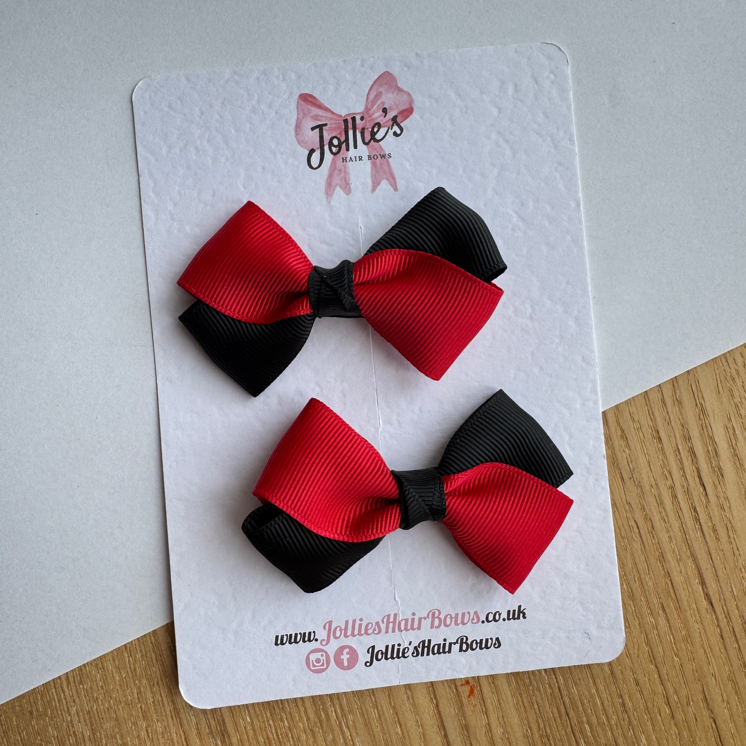 3" Red & Black Twisty Hair Bow Pair – Grosgrain Ribbon Clips with Teeth