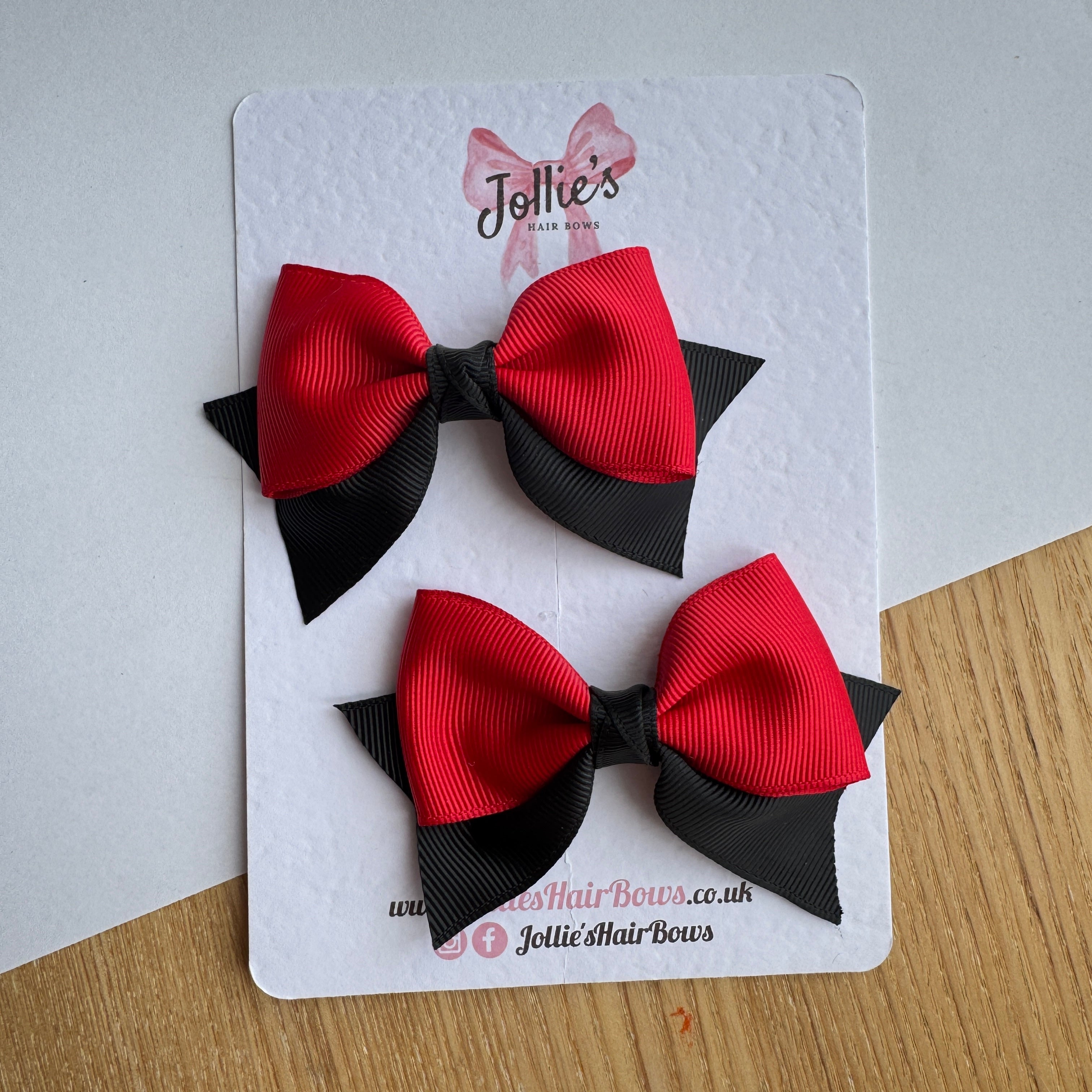 3" Red & Black Layered Pointed-Tail Hair Bow Pair – Grosgrain Ribbon Clips with Teeth