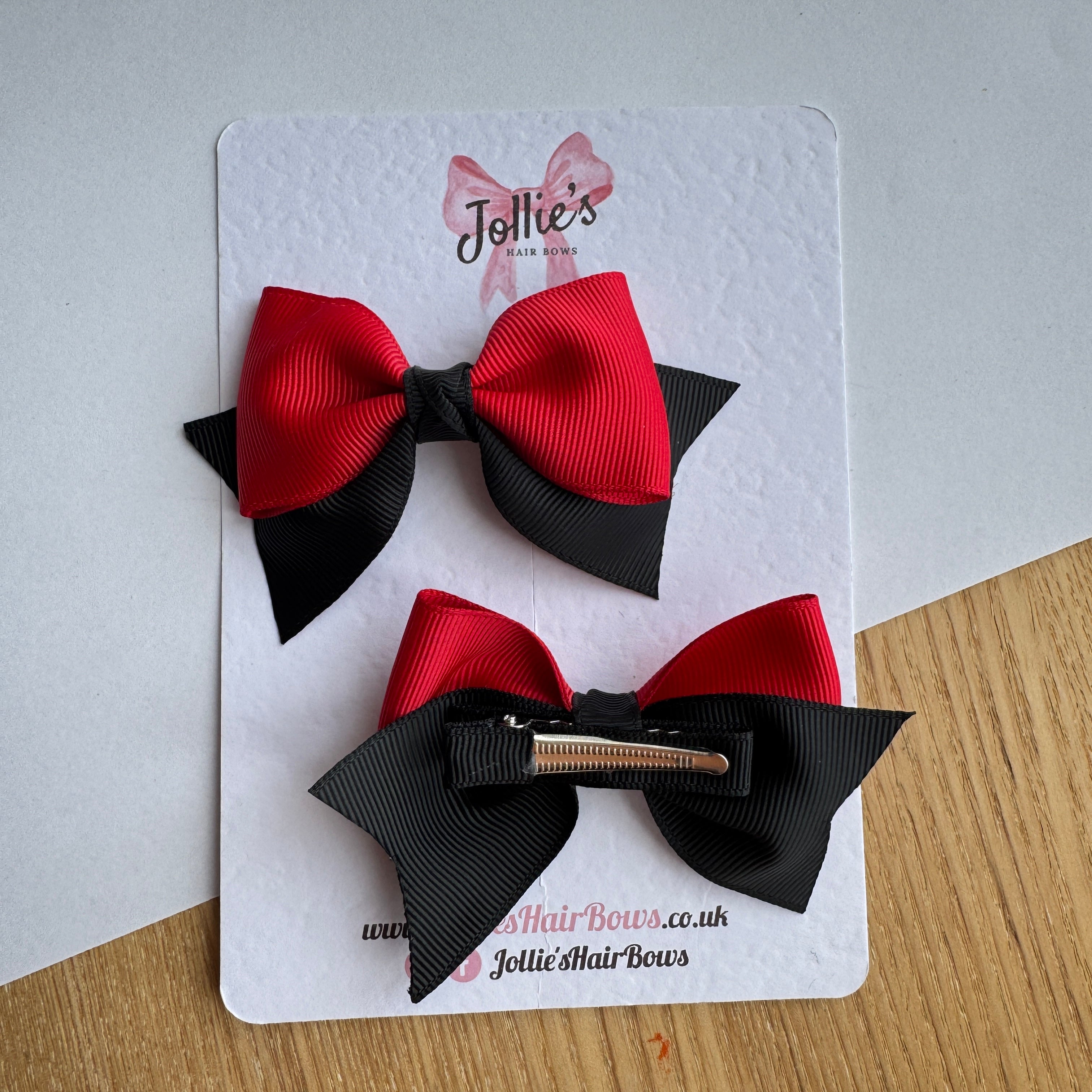 3" Red & Black Layered Pointed-Tail Hair Bow Pair – Grosgrain Ribbon Clips with Teeth