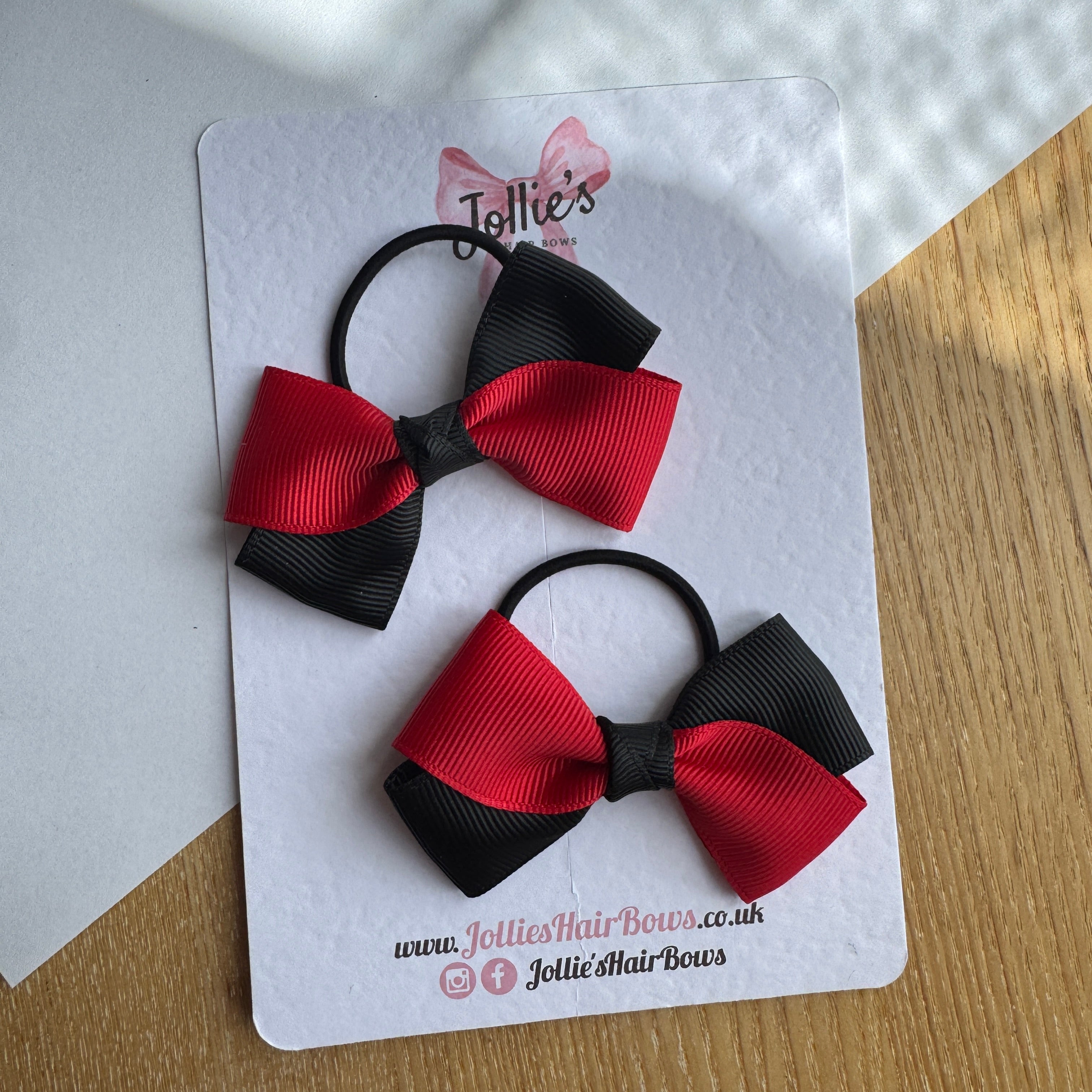3" Red & Black Twisty Hair Bow Pair – Grosgrain Ribbon with Thin Elastic Bobbles