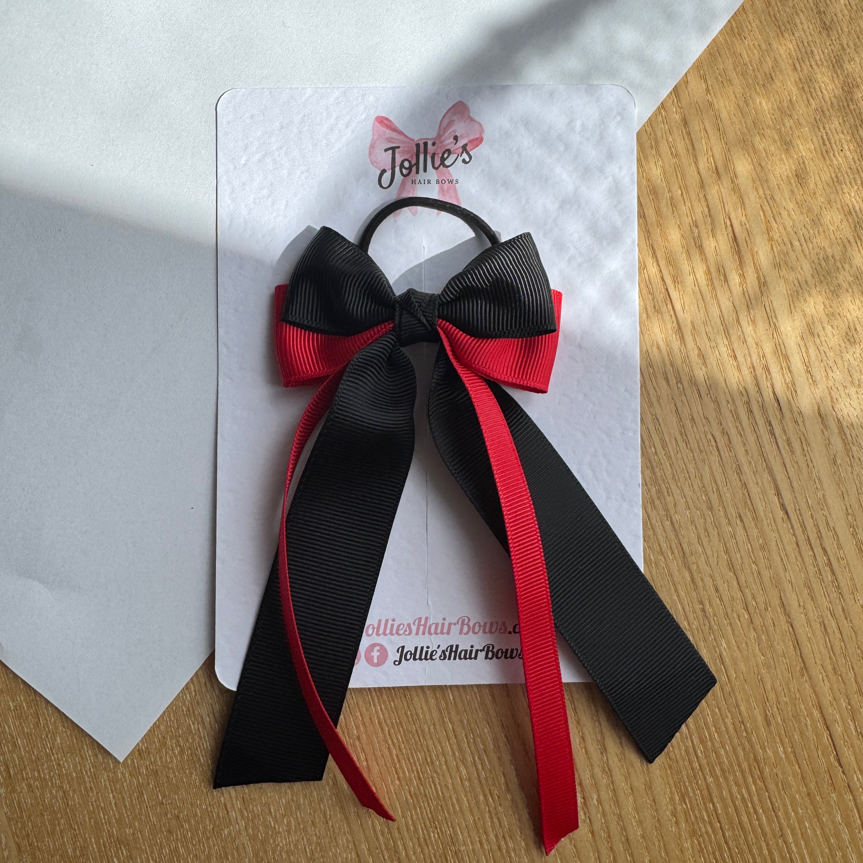 3" Red & Black Ribbon Tail Hair Bow – Grosgrain Ribbon with Thin Elastic Bobble