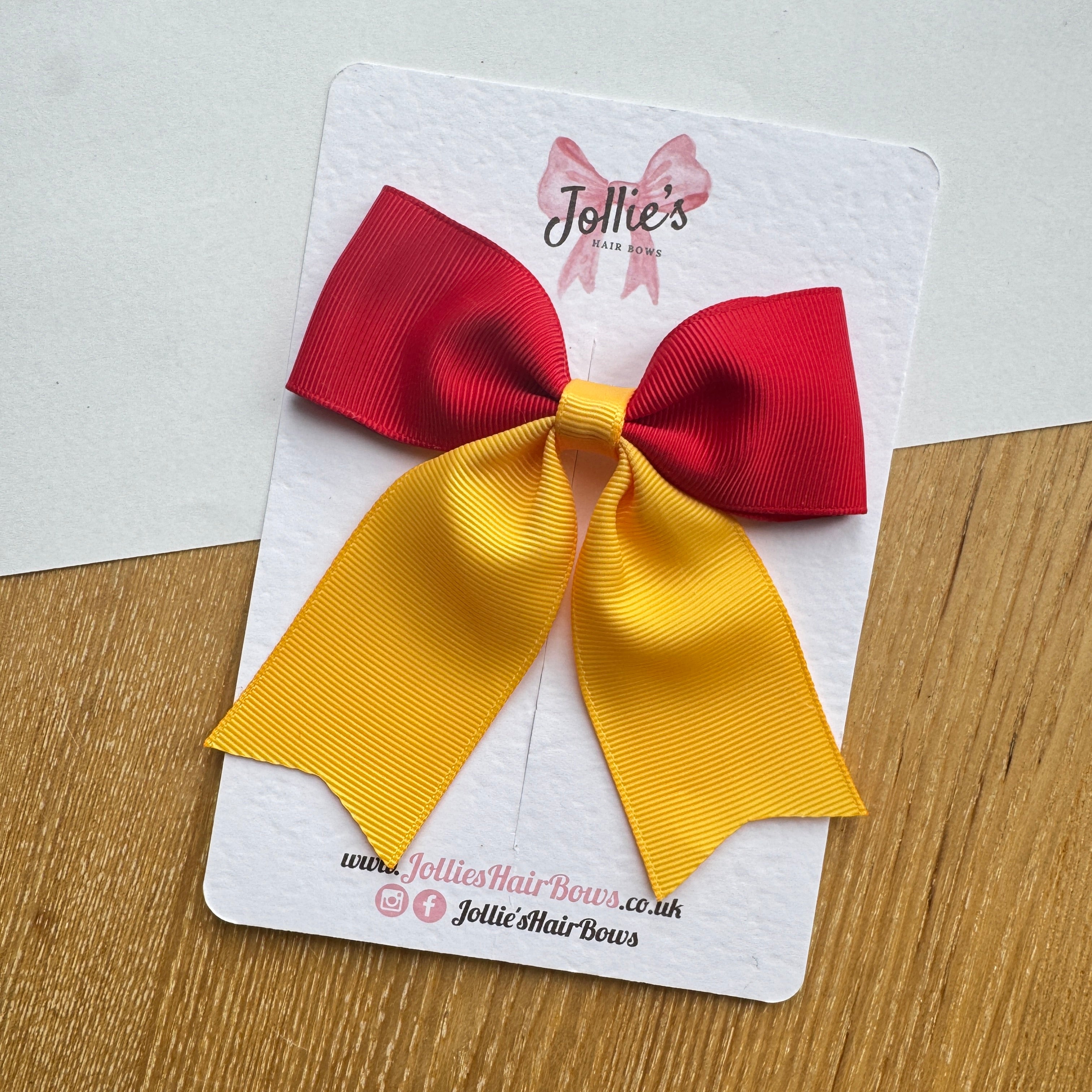 4.5" Red & Yellow Gold Tail Hair Bow – Grosgrain Ribbon Clip with Teeth