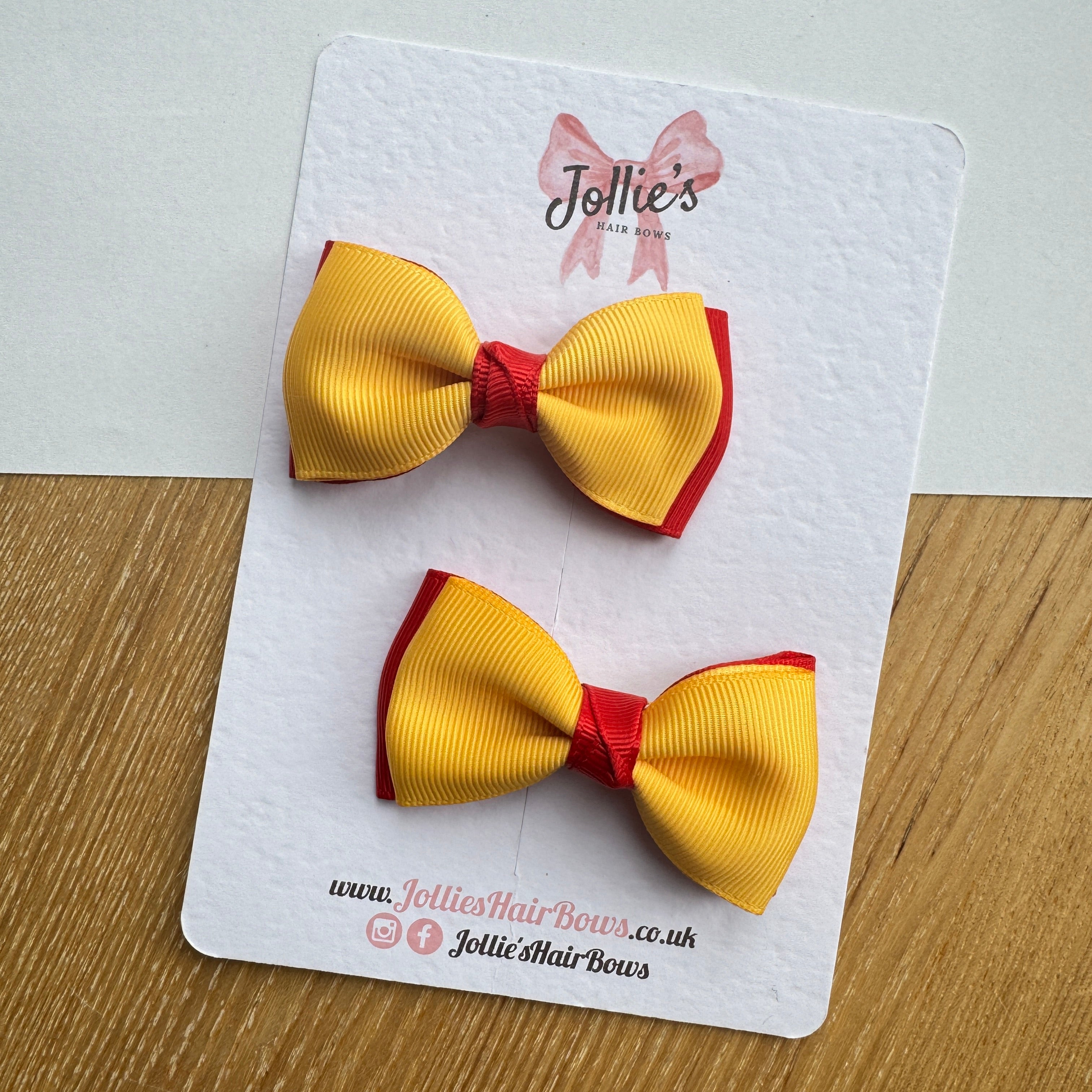 3" Red & Yellow Gold Flat Double Hair Bows (Pair) – Grosgrain Ribbon with Lined Alligator Clips