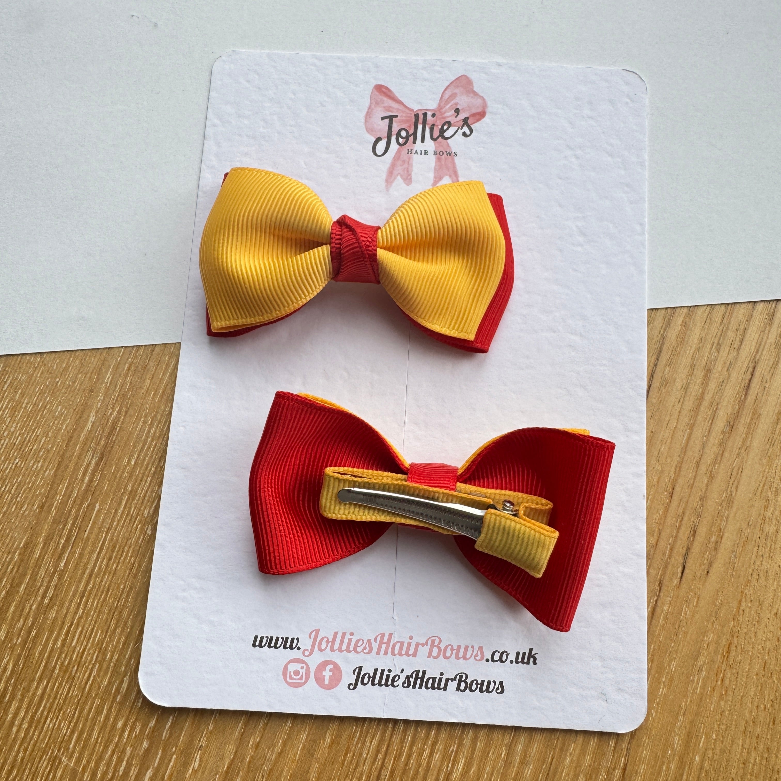 3" Red & Yellow Gold Flat Double Hair Bows (Pair) – Grosgrain Ribbon with Lined Alligator Clips