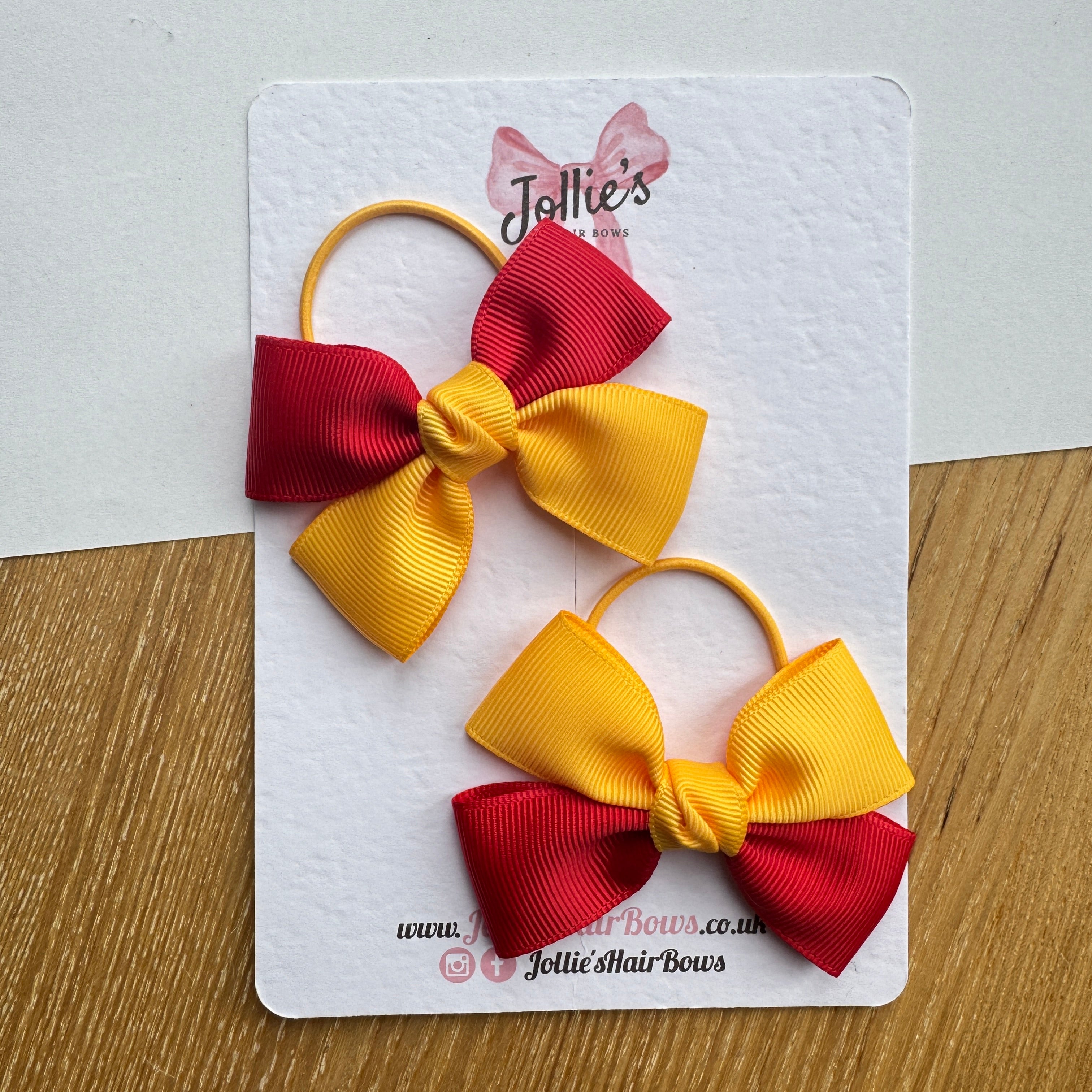 2.5" Red & Yellow Gold Classic Hair Bow Pair – Grosgrain Ribbon with Thin Elastic Bobbles