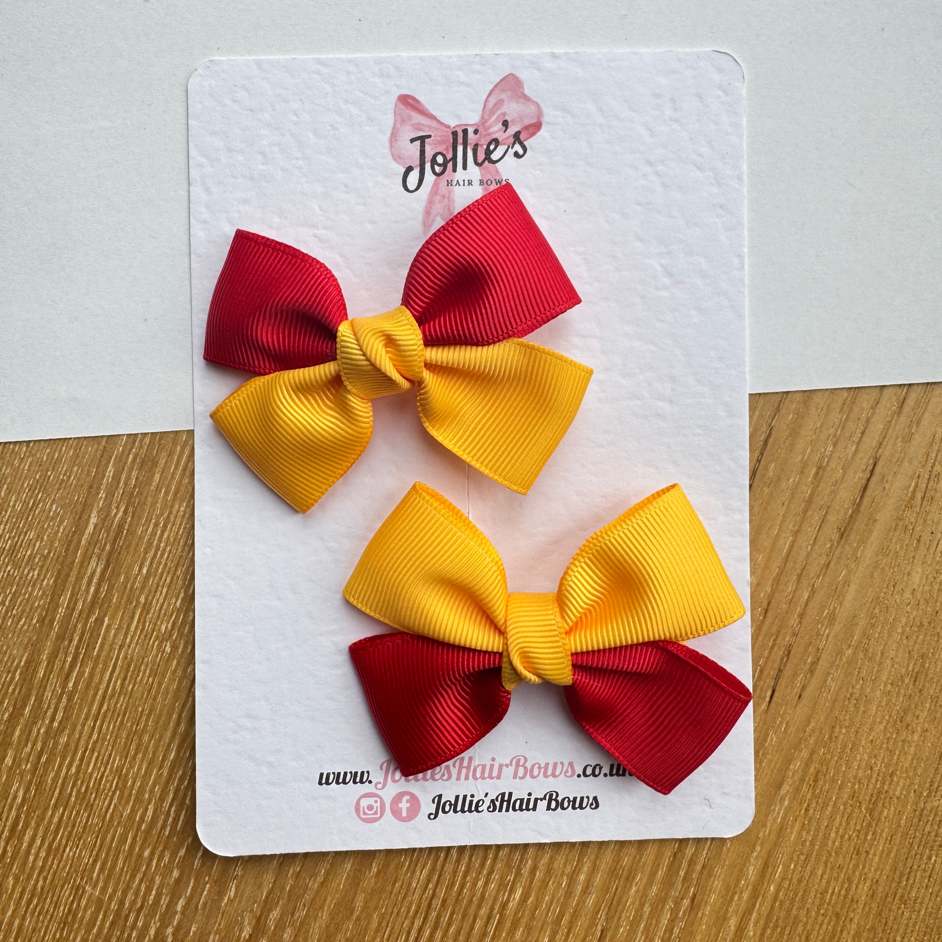 2.5" Red & Yellow Gold Classic Hair Bow Pair – Grosgrain Ribbon Clips with Teeth