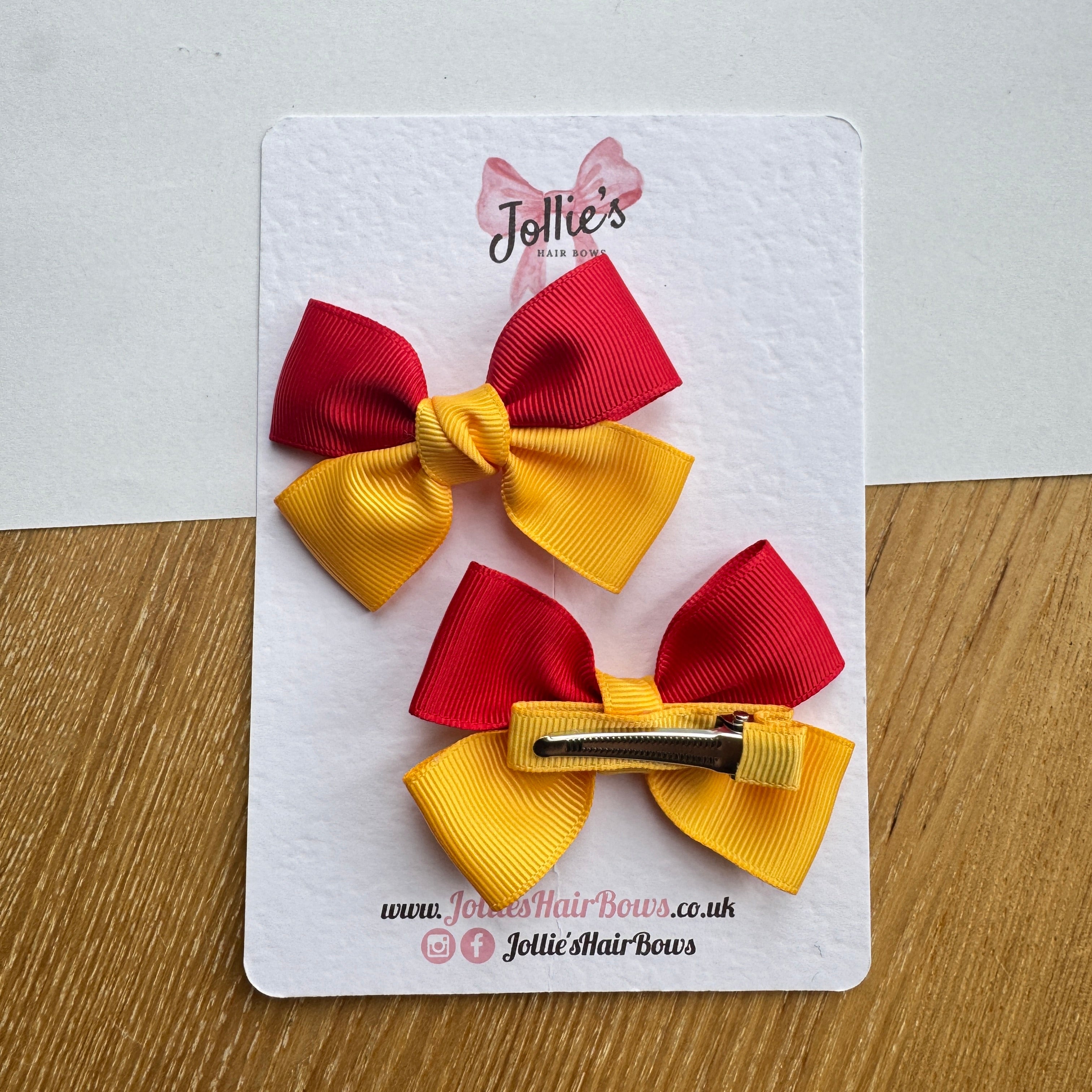 2.5" Red & Yellow Gold Classic Hair Bow Pair – Grosgrain Ribbon Clips with Teeth