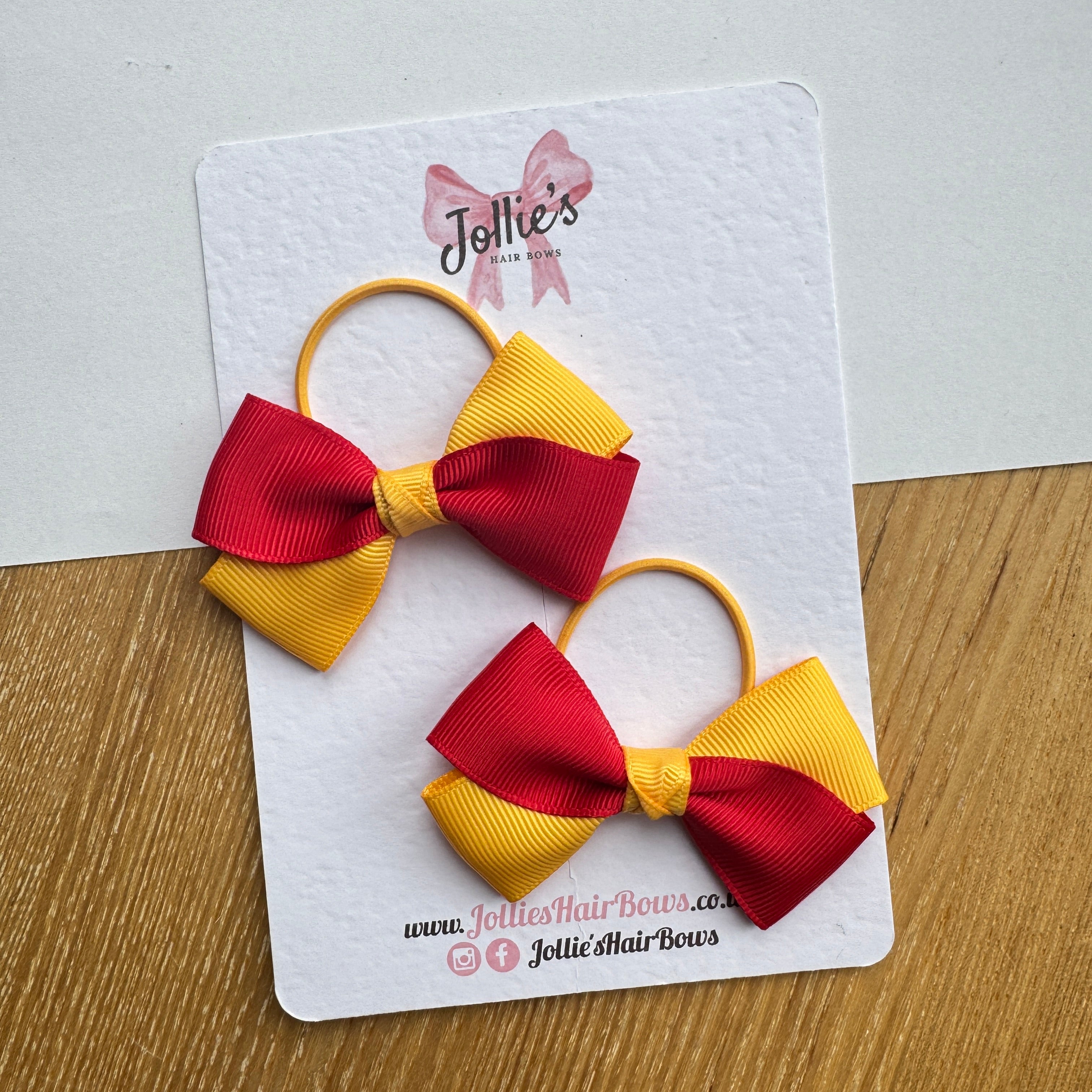 3" Red & Yellow Gold Twisty Hair Bow Pair – Grosgrain Ribbon with Thin Elastic Bobbles