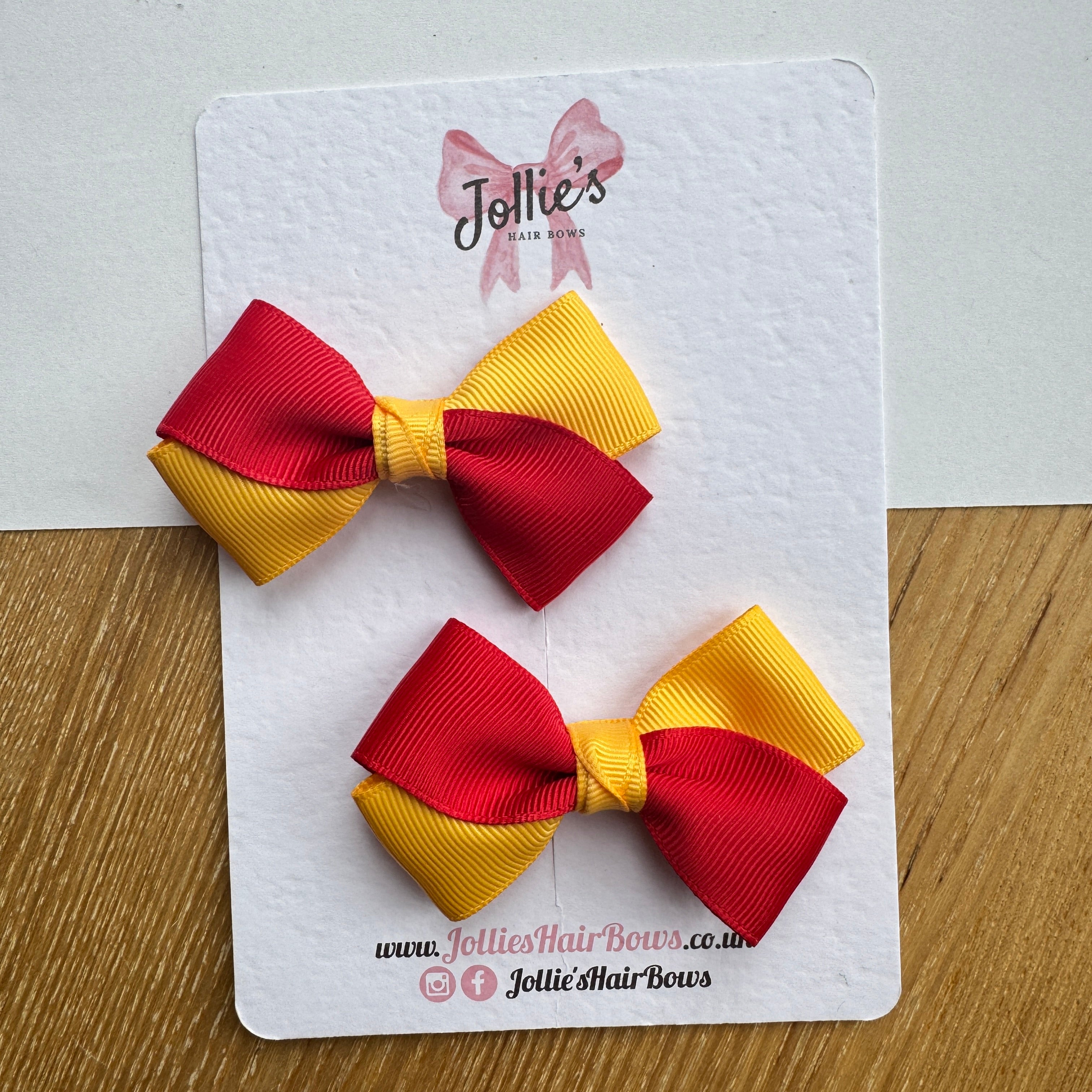3" Red & Yellow Gold Twisty Hair Bow Pair – Grosgrain Ribbon Clips with Teeth