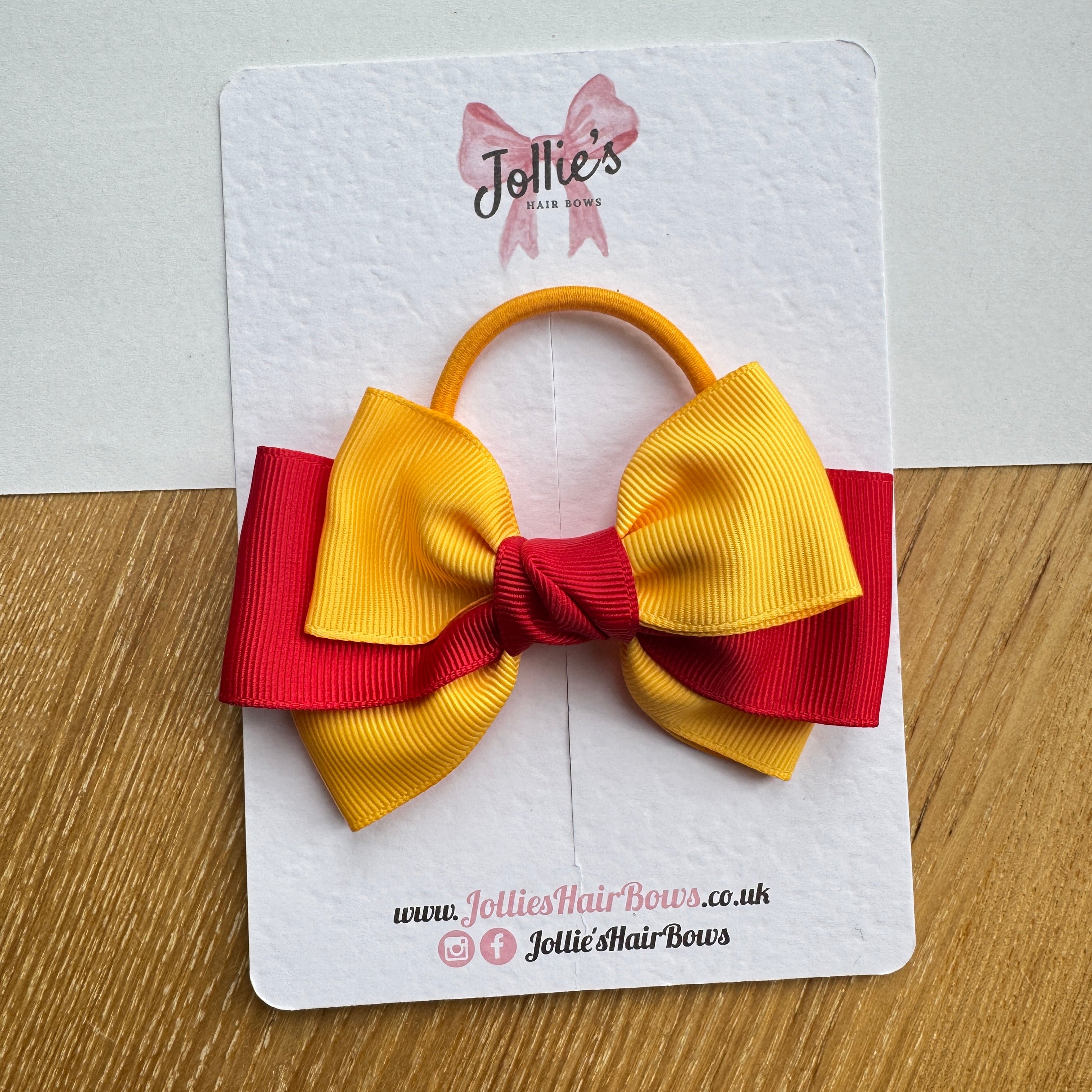 3.5" Red & Yellow Gold Double Layer Hair Bow – Grosgrain Ribbon with Thick Elastic Bobble