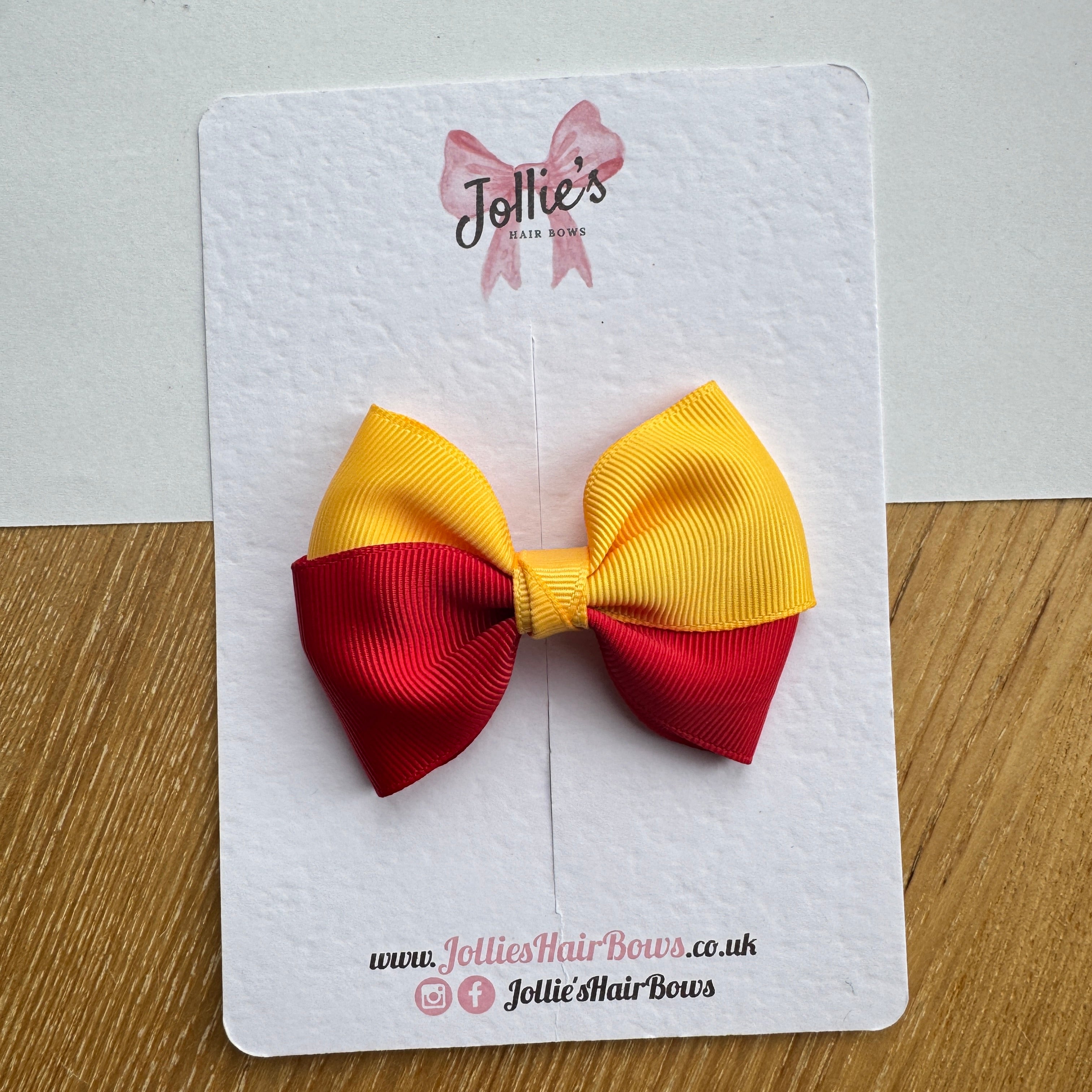 3.2" Red & Yellow Gold Hair Bow Pair – Grosgrain Ribbon with 1.6" Alligator Clips with Teeth