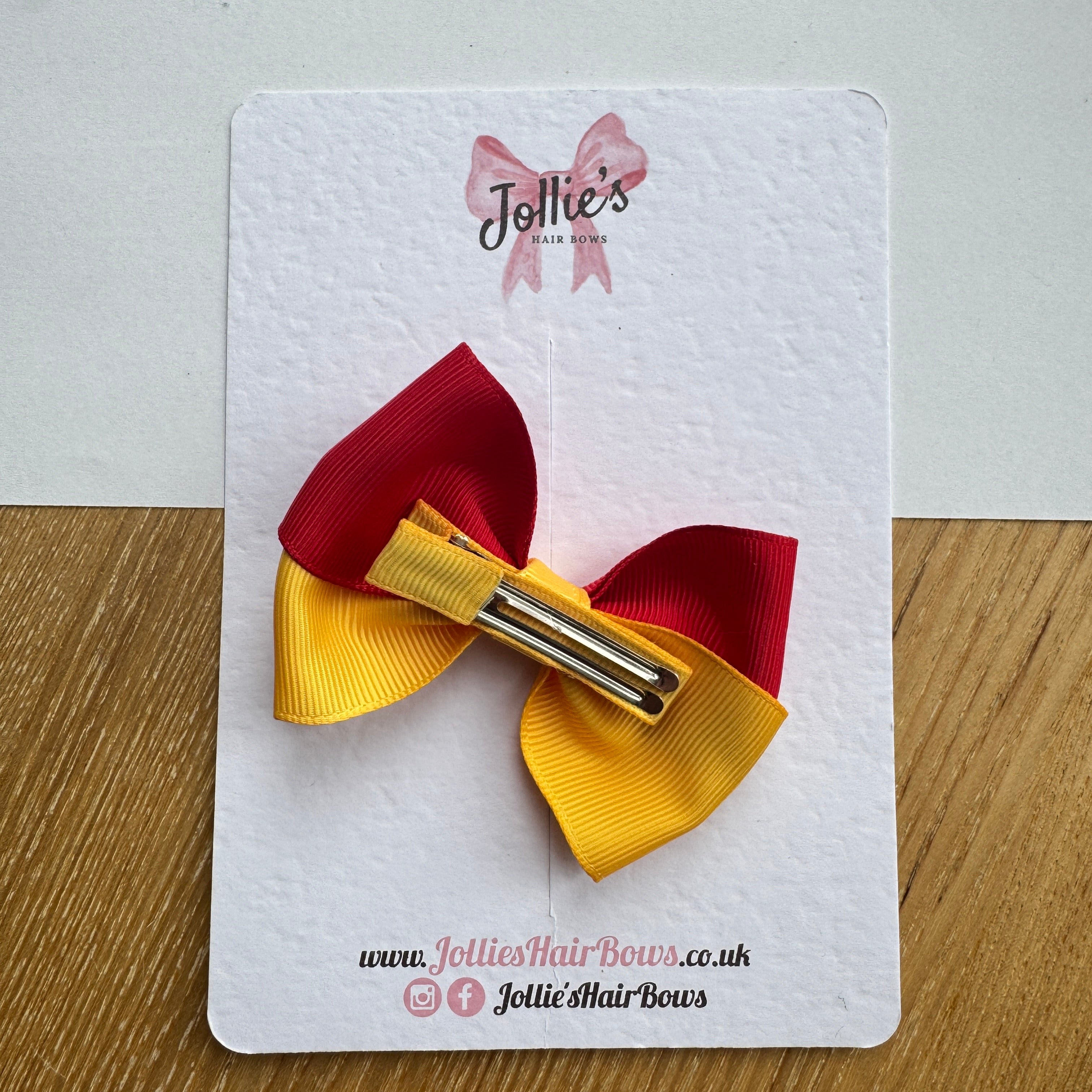3.2" Red & Yellow Gold Hair Bow Pair – Grosgrain Ribbon with 1.6" Alligator Clips with Teeth