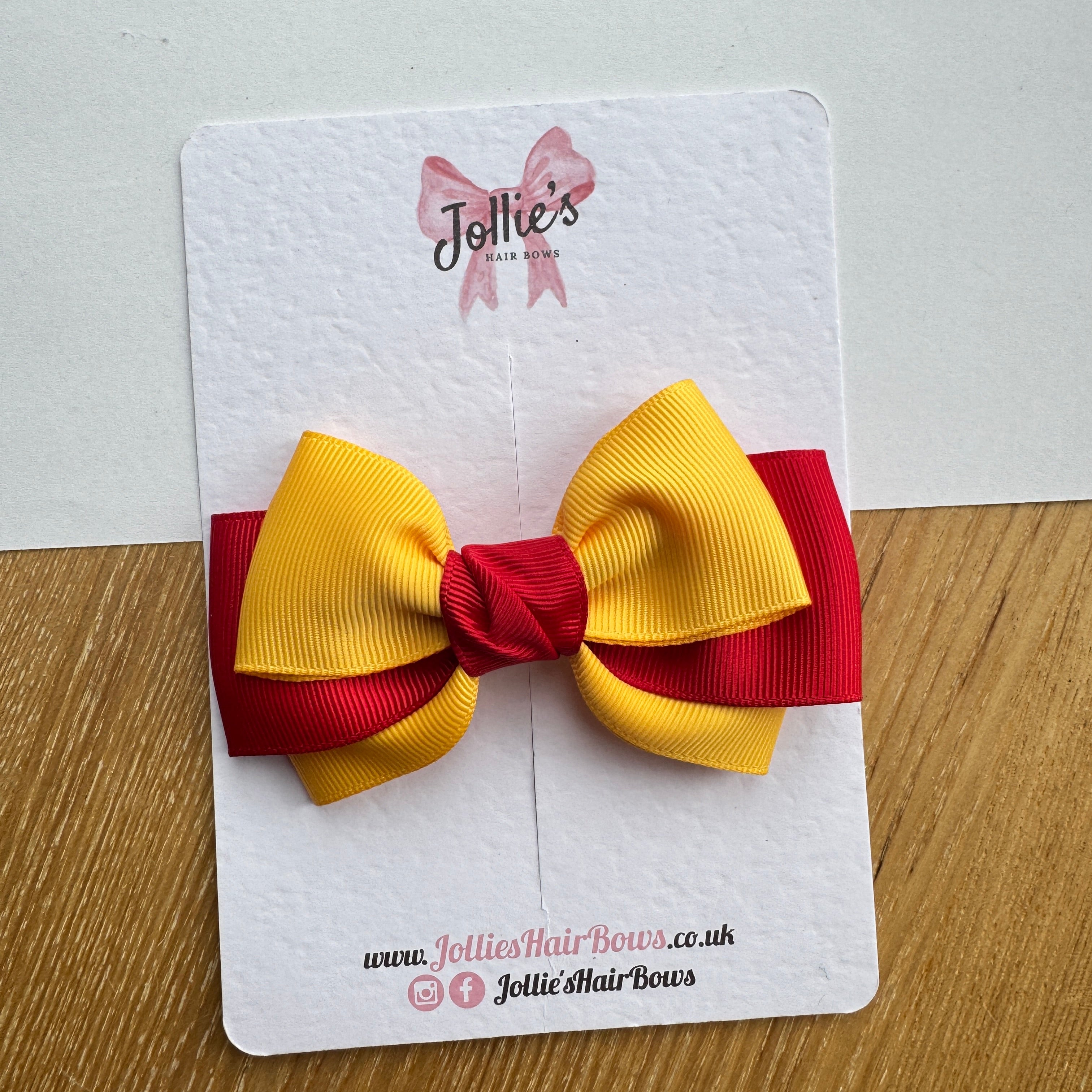 3.5" Red & Yellow Gold Double Layer Hair Bow – Grosgrain Ribbon Clip with Teeth