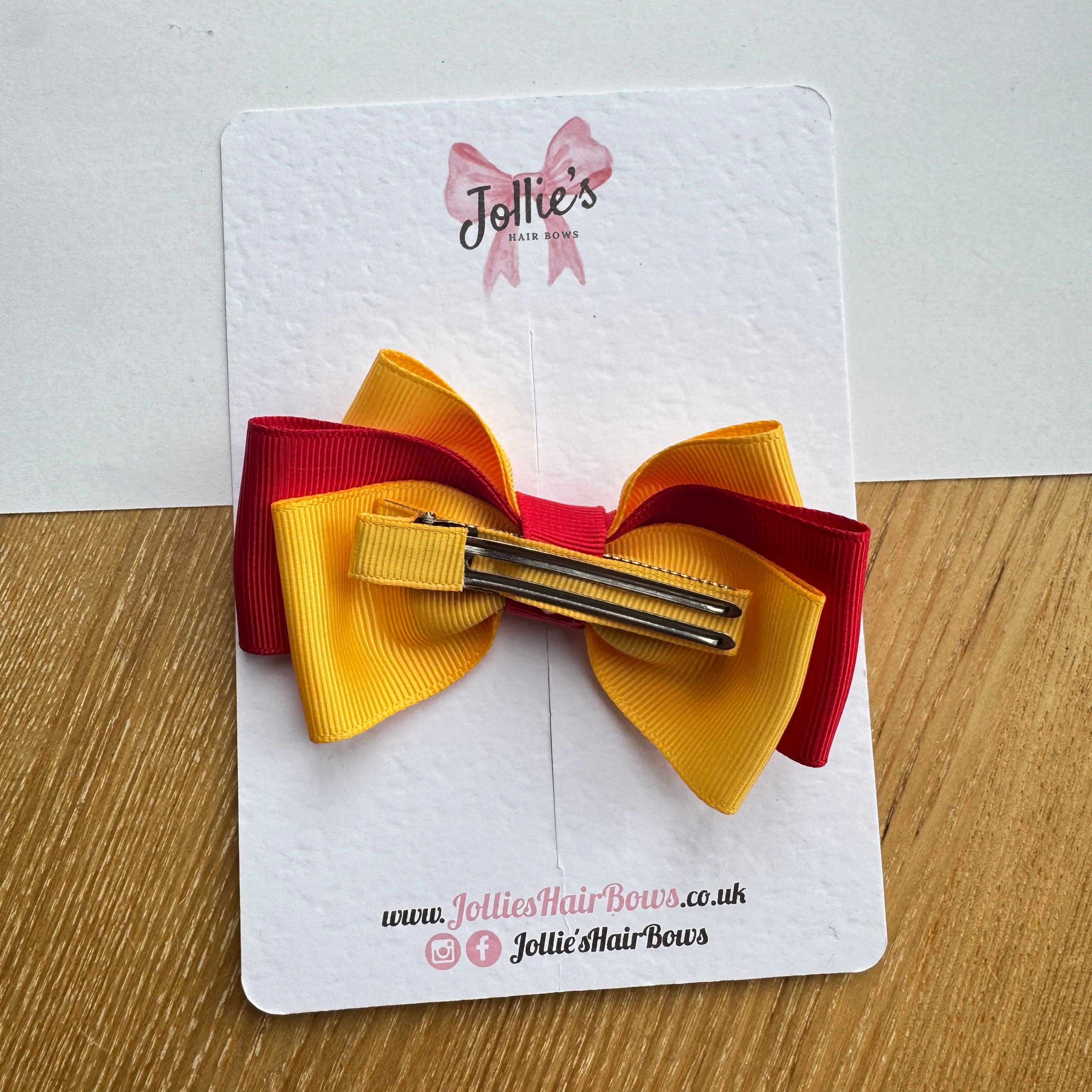 3.5" Red & Yellow Gold Double Layer Hair Bow – Grosgrain Ribbon Clip with Teeth