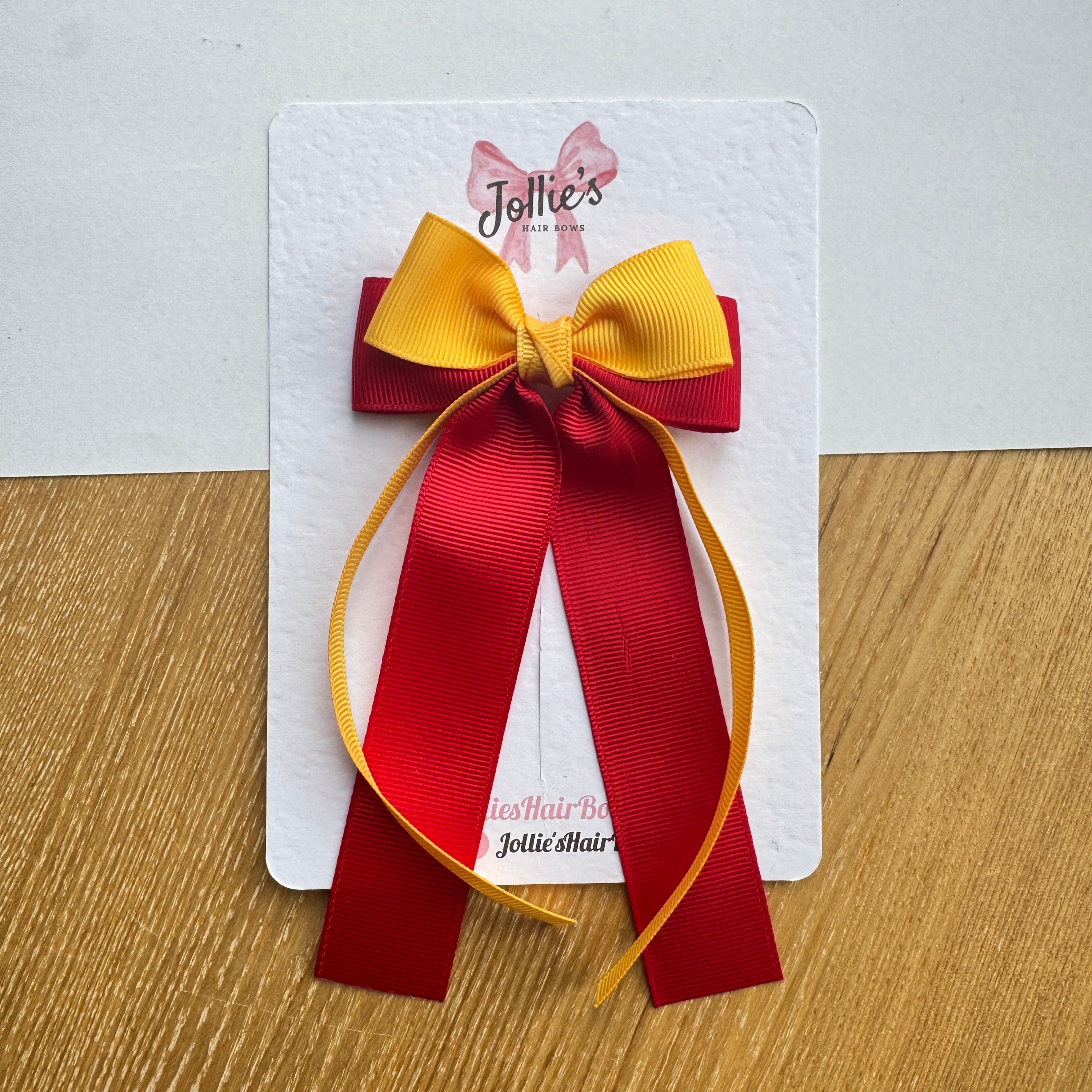 3" Red & Yellow Gold Ribbon Tail Hair Bow – Grosgrain Ribbon Clip with Teeth