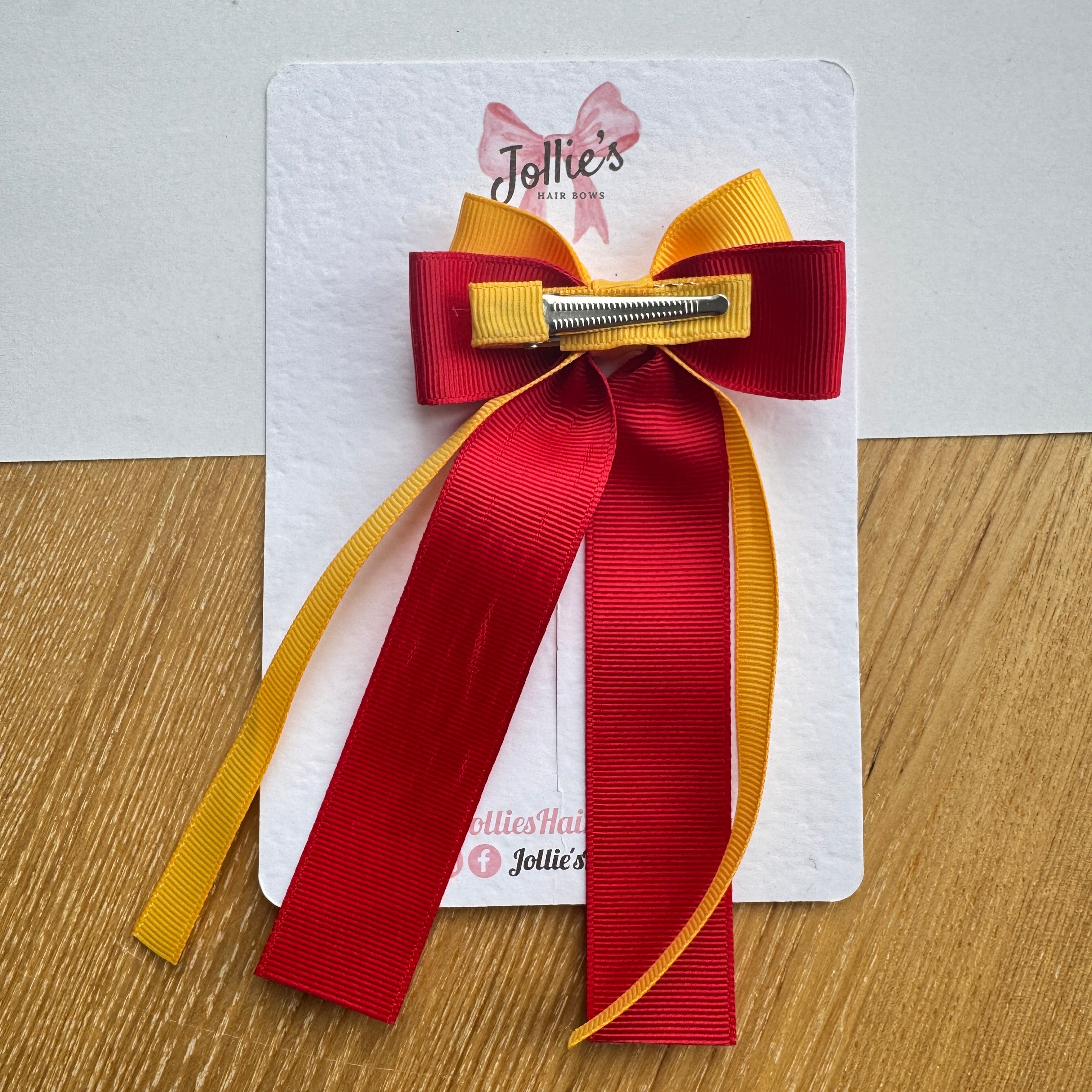 3" Red & Yellow Gold Ribbon Tail Hair Bow – Grosgrain Ribbon Clip with Teeth