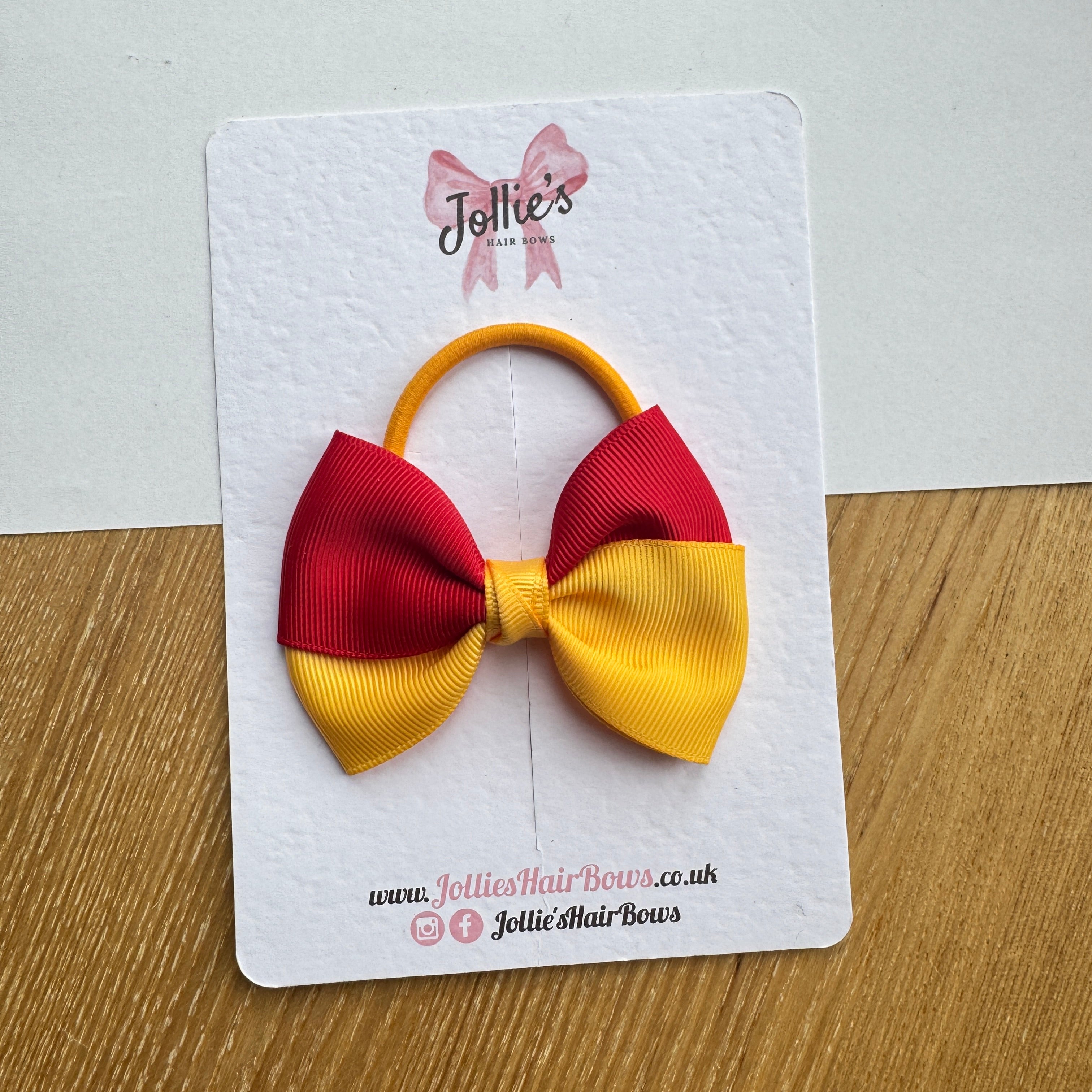 3.2" Red & Yellow Gold Hair Bow Pair – Grosgrain Ribbon with Thick Elastic Bobbles