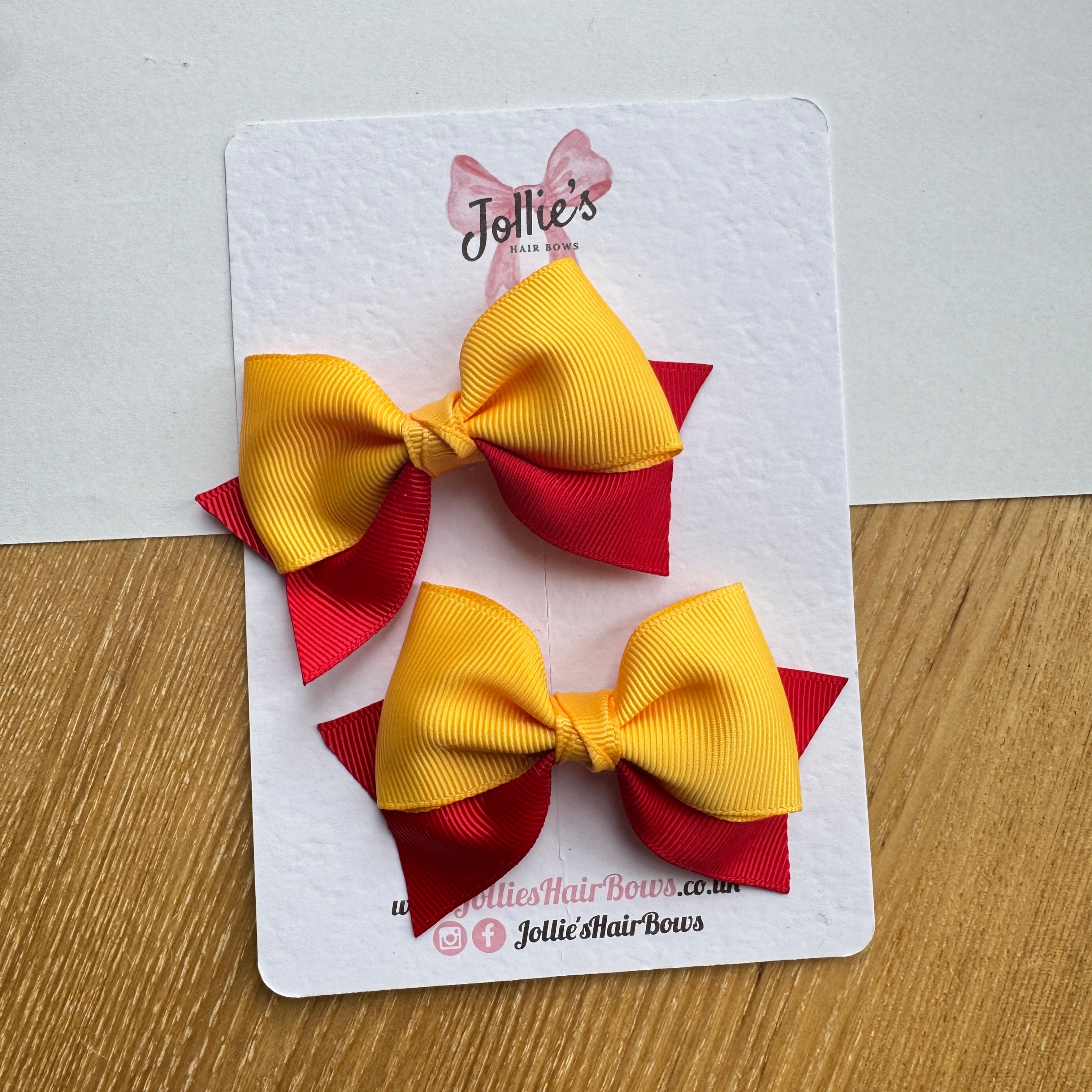 3" Red & Yellow Gold Layered Pointed-Tail Hair Bow Pair – Grosgrain Ribbon Clips with Teeth