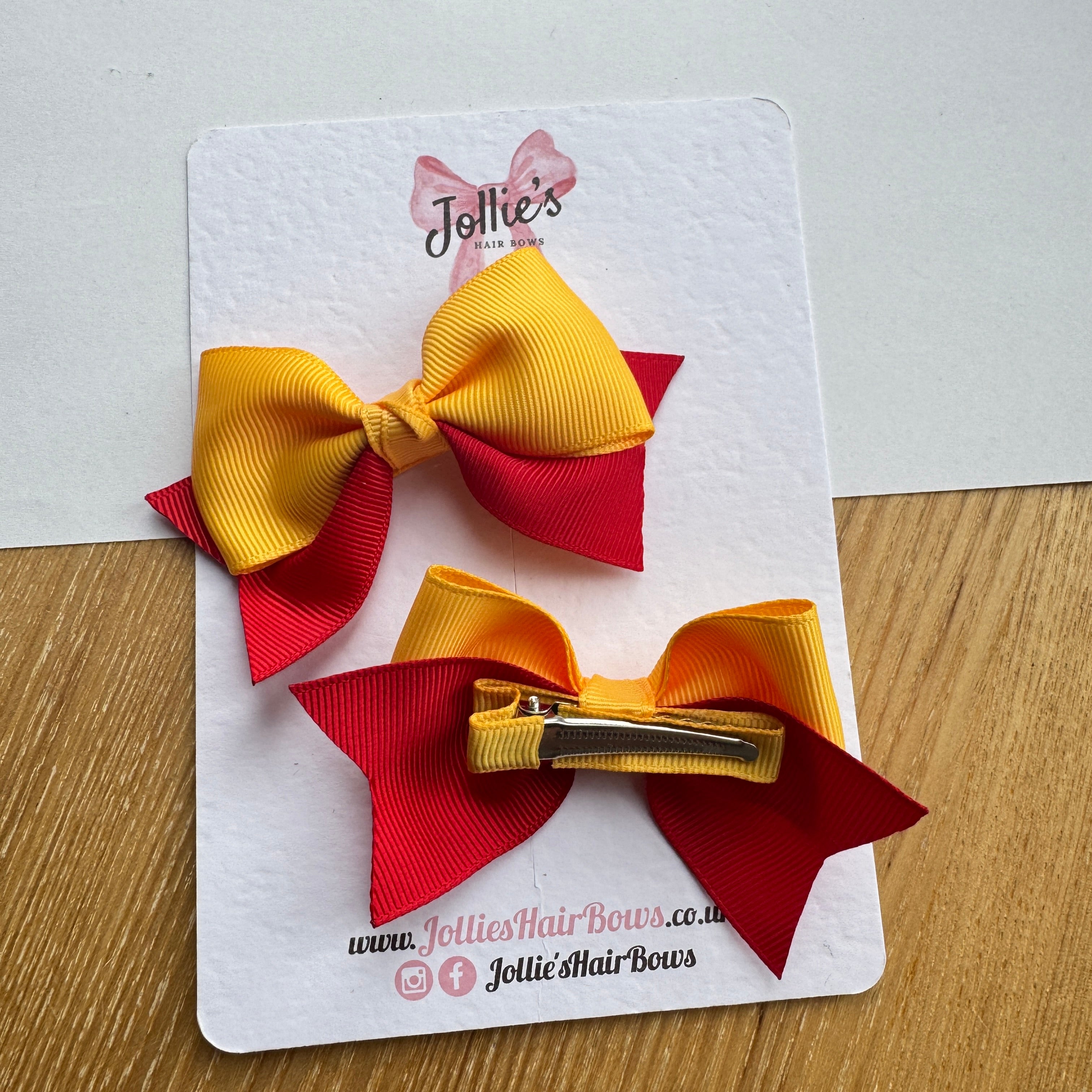 3" Red & Yellow Gold Layered Pointed-Tail Hair Bow Pair – Grosgrain Ribbon Clips with Teeth