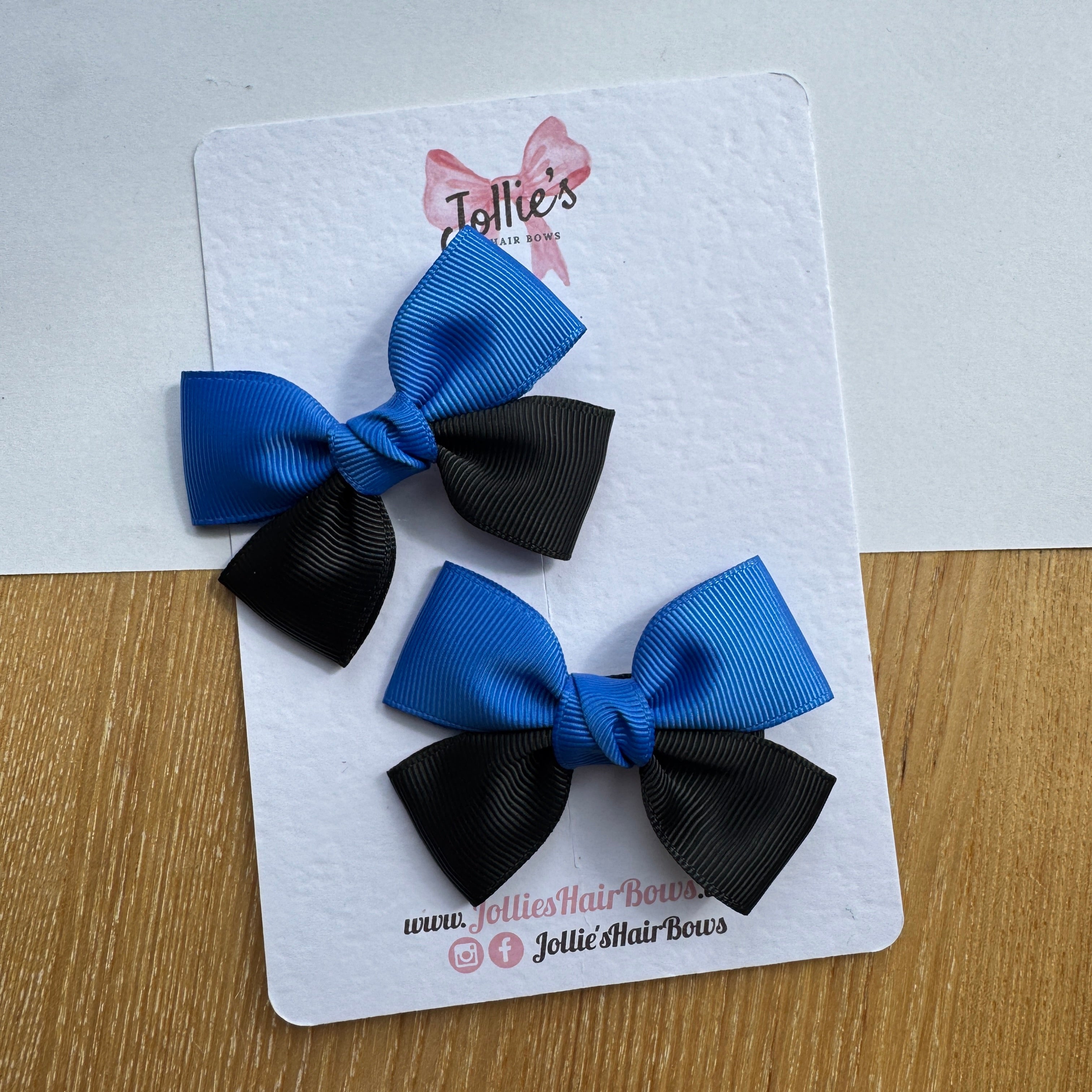2.5" Royal Blue & Black Classic Hair Bow Pair – Grosgrain Ribbon Clips with Teeth