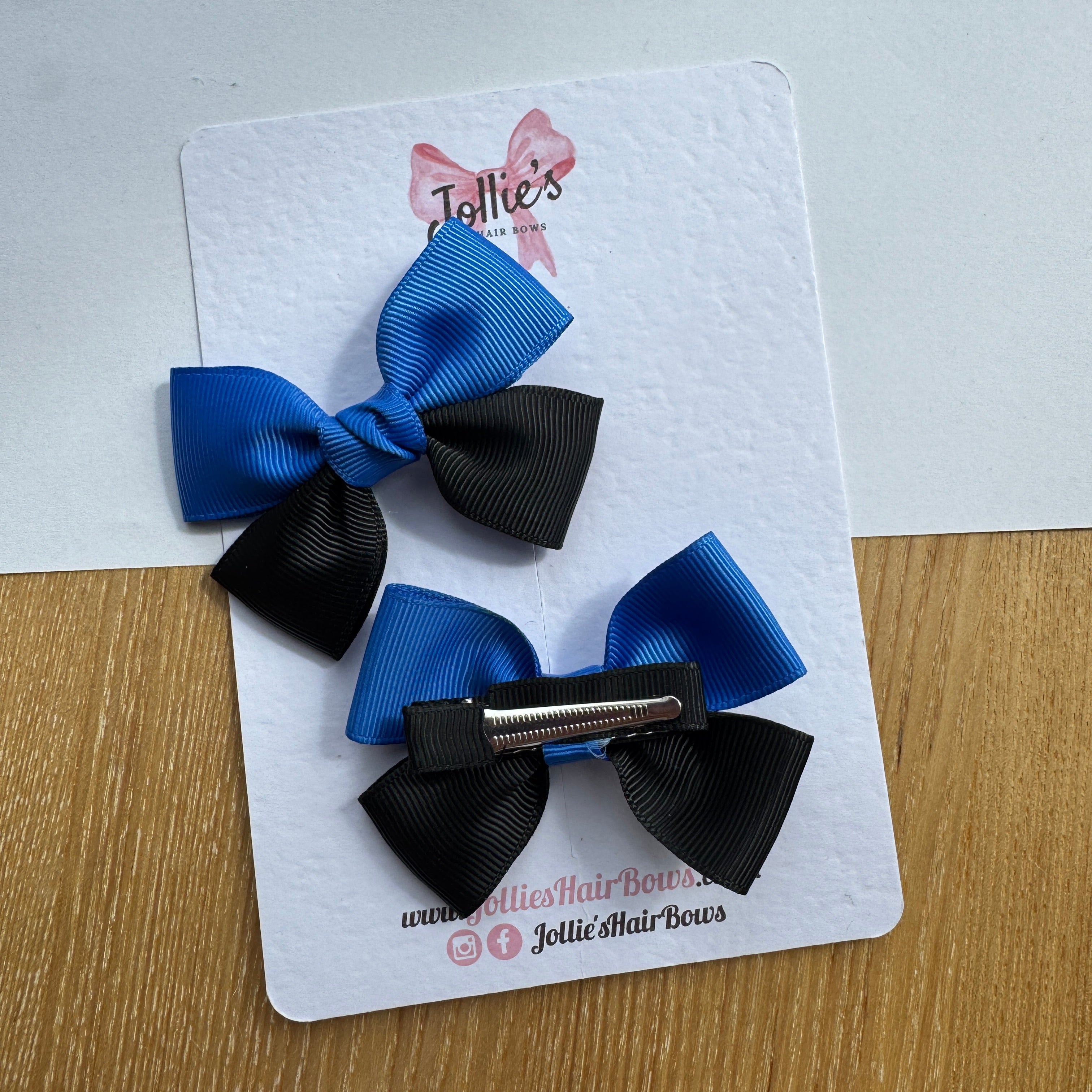 2.5" Royal Blue & Black Classic Hair Bow Pair – Grosgrain Ribbon Clips with Teeth