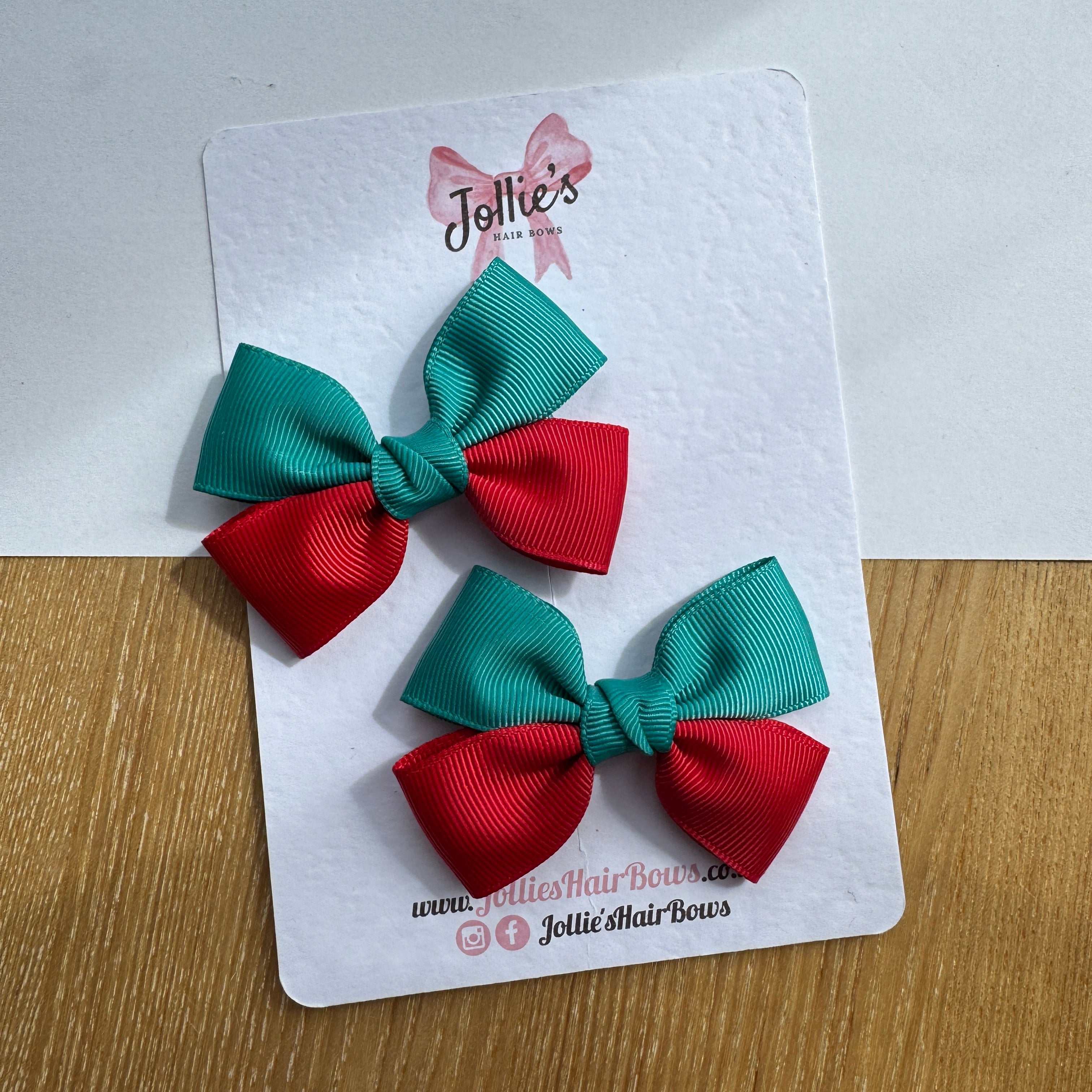 2.5" Red & Jade Green Classic Hair Bow Pair – Grosgrain Ribbon Clips with Teeth