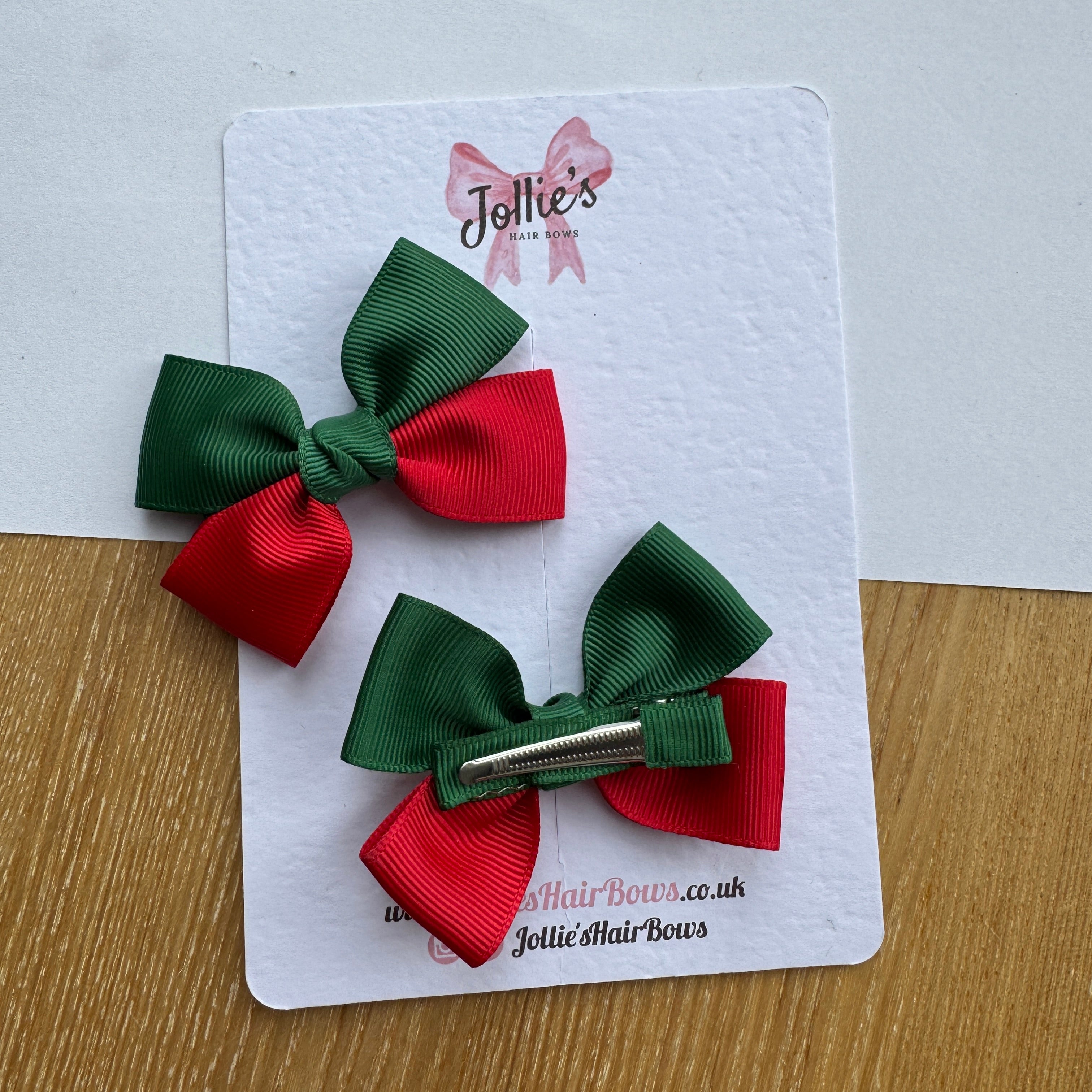 2.5" Forest Green & Red Classic Hair Bow Pair – Grosgrain Ribbon Clips with Teeth