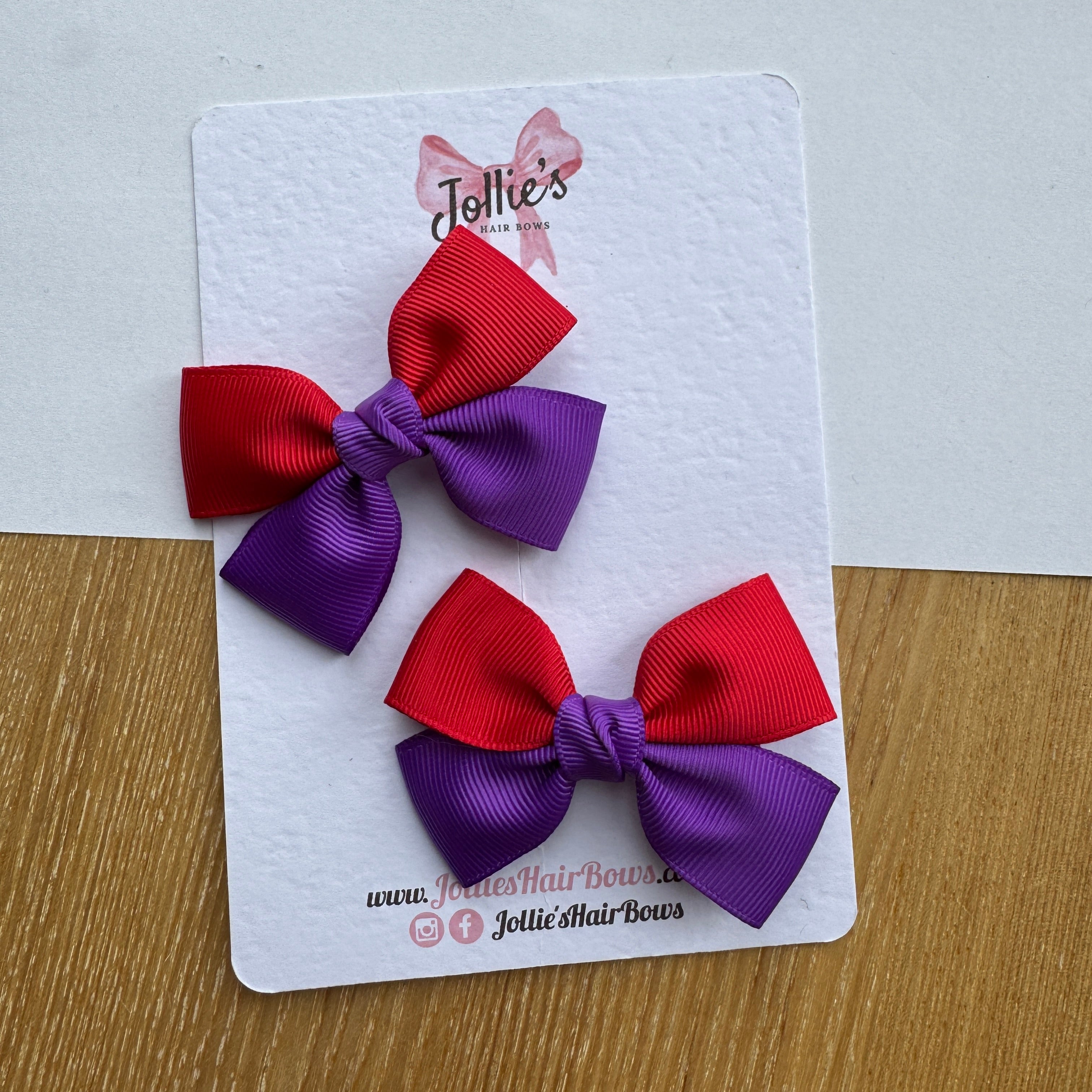 2.5" Red & Purple Classic Hair Bow Pair – Grosgrain Ribbon Clips with Teeth