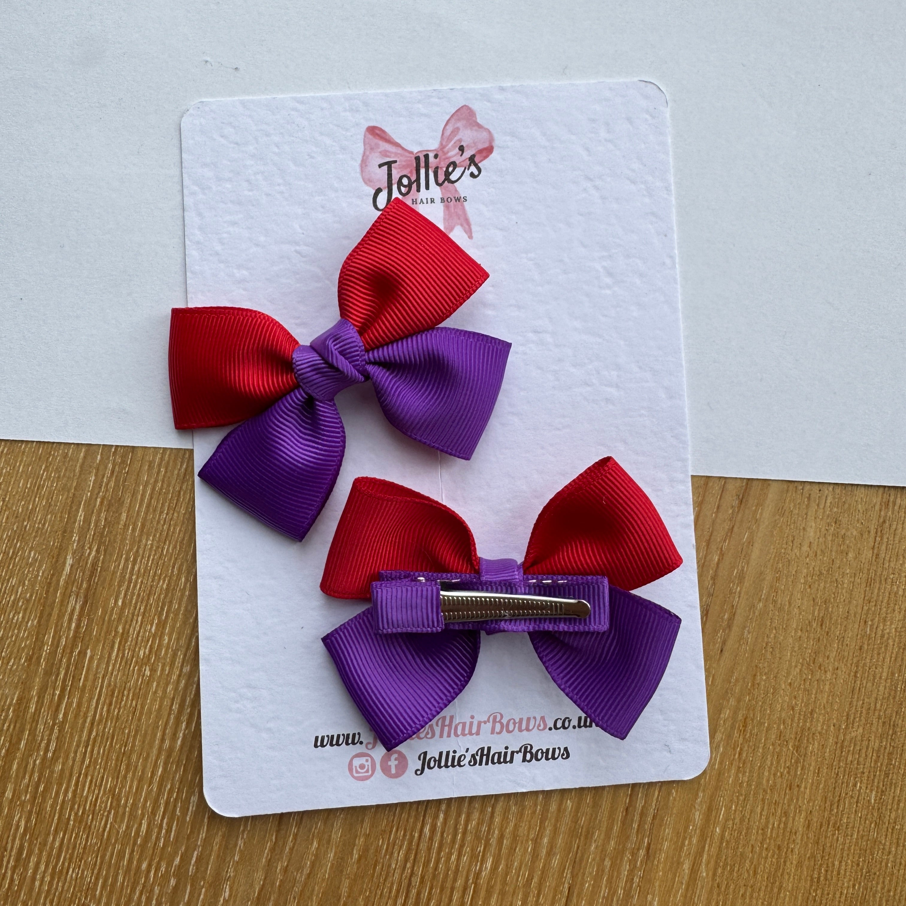 2.5" Red & Purple Classic Hair Bow Pair – Grosgrain Ribbon Clips with Teeth
