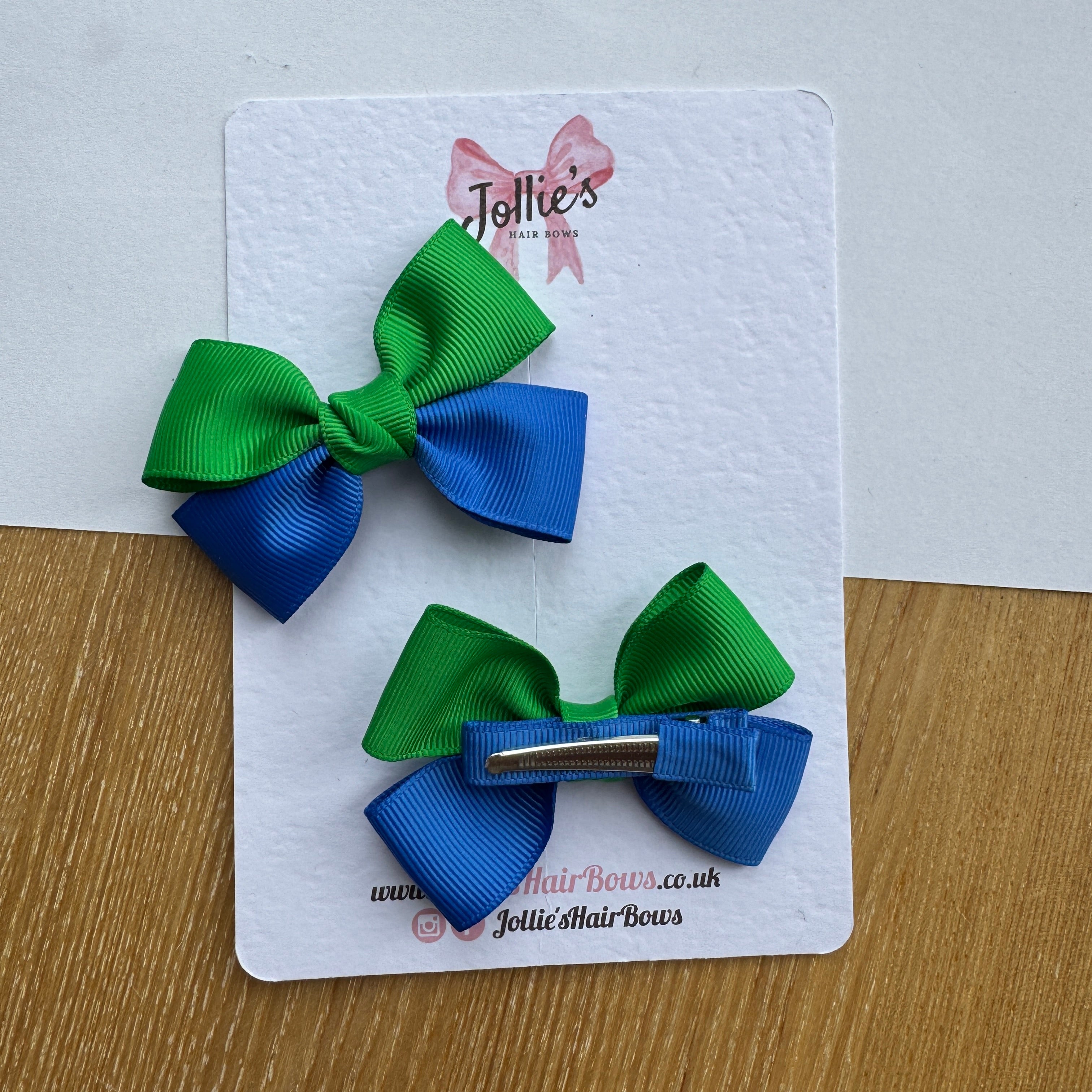 2.5" Royal Blue & Emerald Green Classic Hair Bow Pair – Grosgrain Ribbon Clips with Teeth