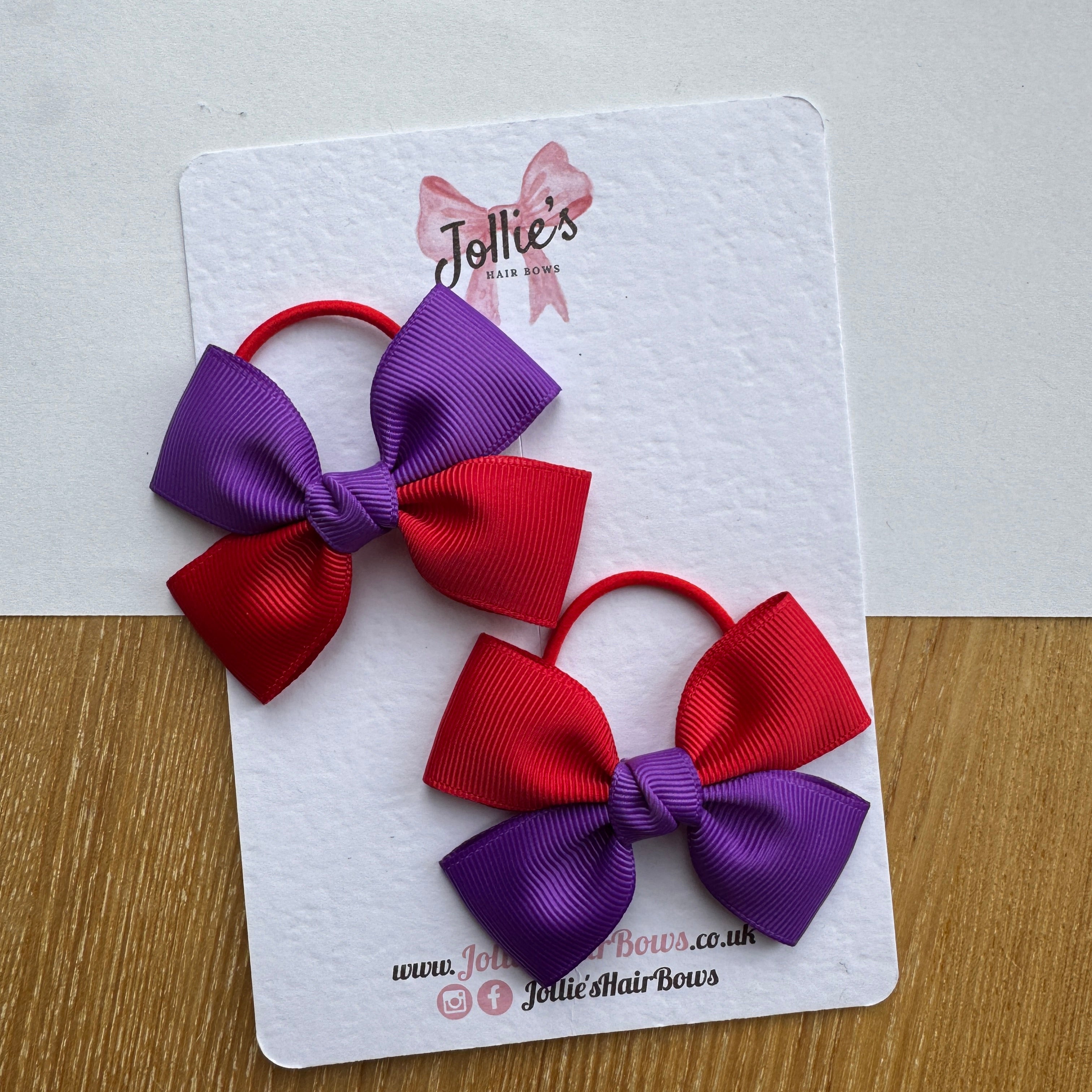 2.5" Red & Purple Classic Hair Bow Pair – Grosgrain Ribbon on Thin Elastic