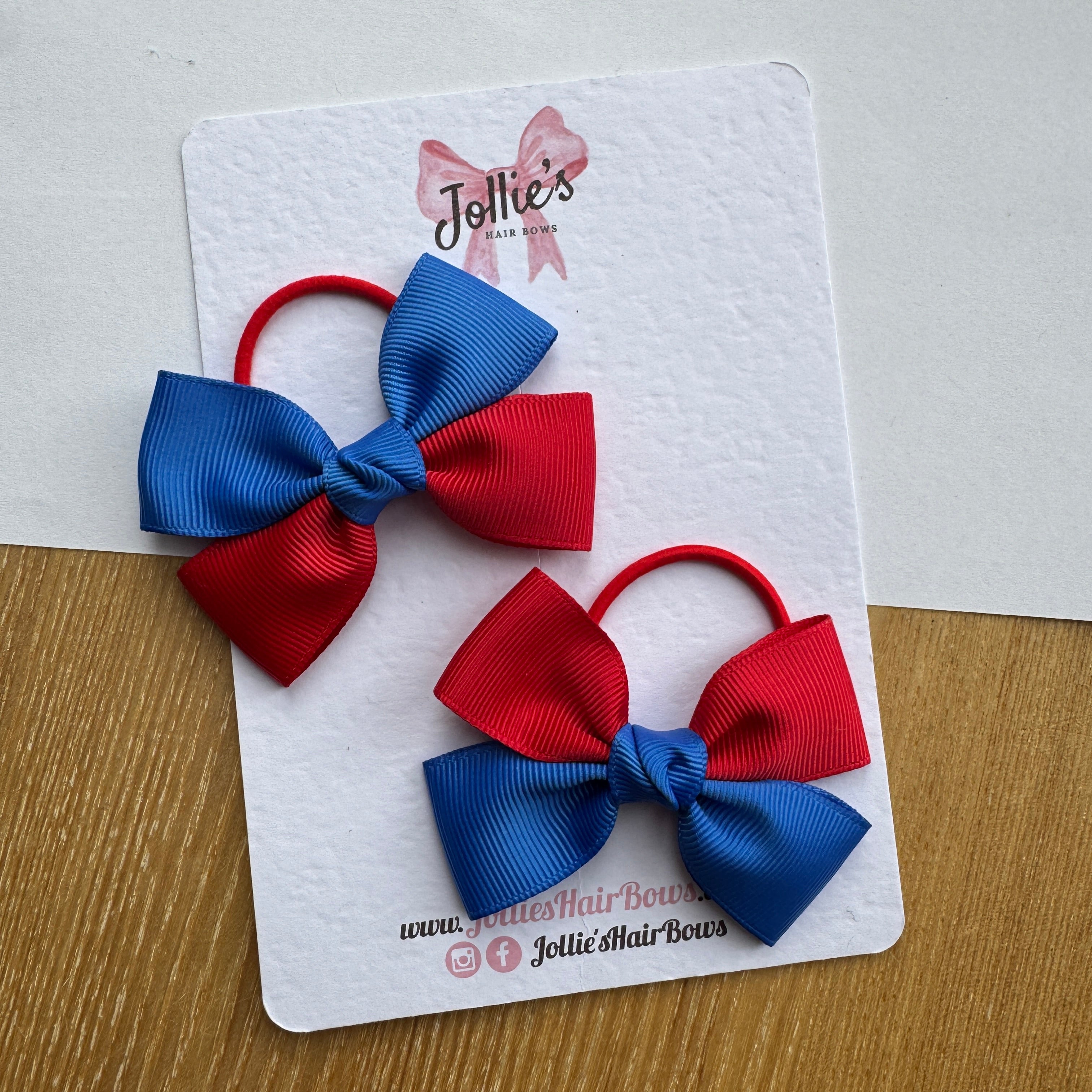 2.5" Red & Royal Blue Classic Hair Bow Pair – Grosgrain Ribbon on Thin Elastic