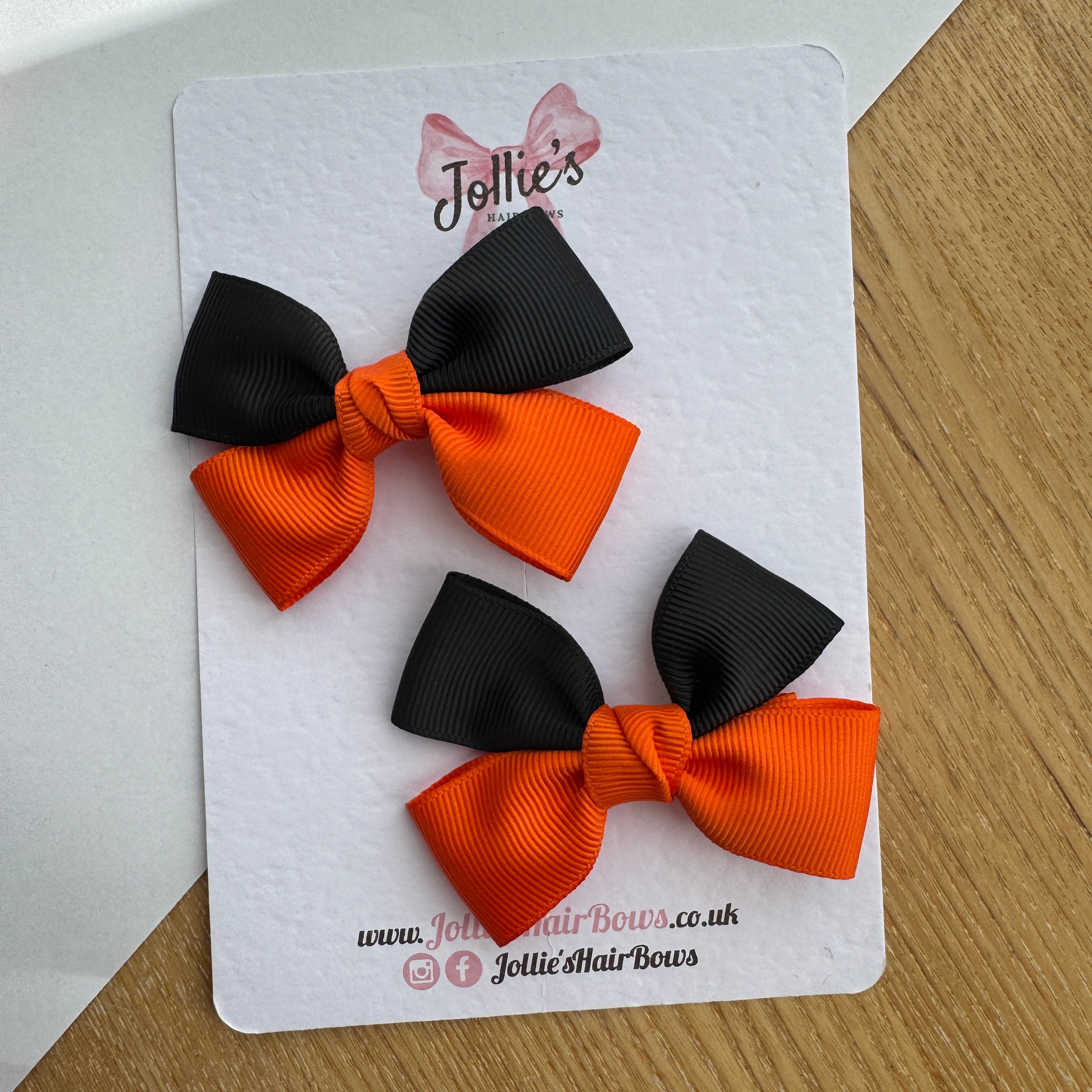 2.5" Orange & Black Classic Hair Bow Pair – Grosgrain Ribbon Clips with Teeth