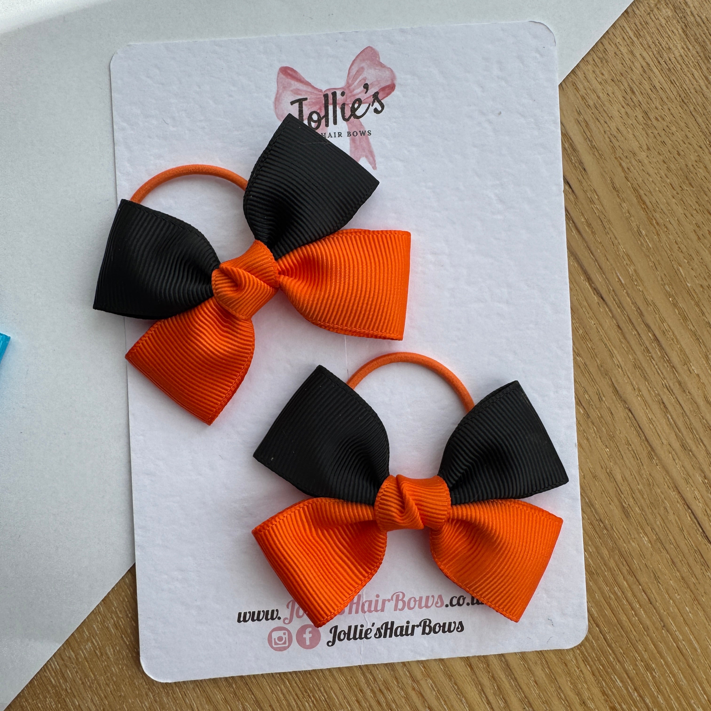 2.5" Orange & Black Classic Hair Bow Pair – Grosgrain Ribbon on Thin Elastic