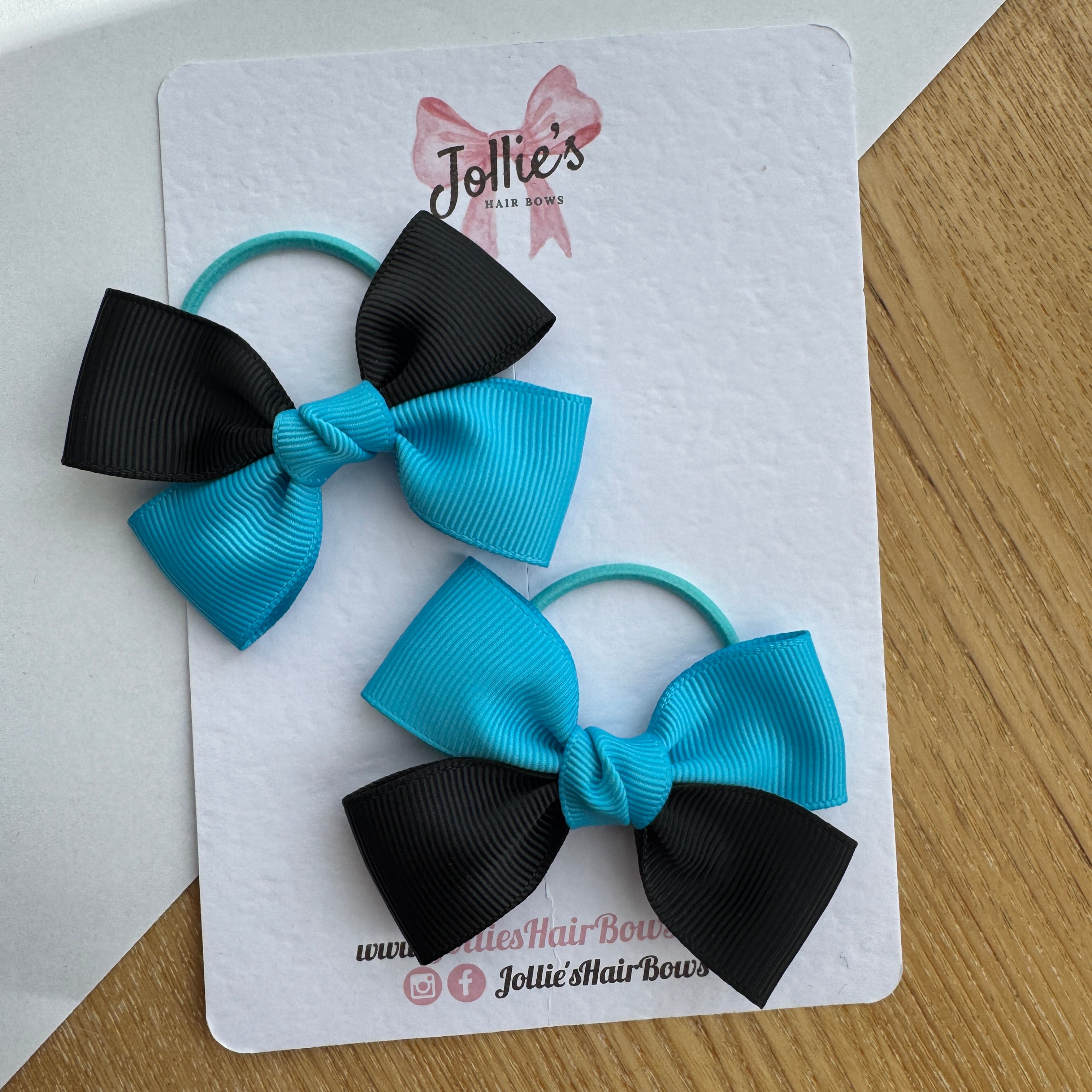 2.5" Turquoise & Black Classic Hair Bow Pair – Grosgrain Ribbon on Thin Elastic