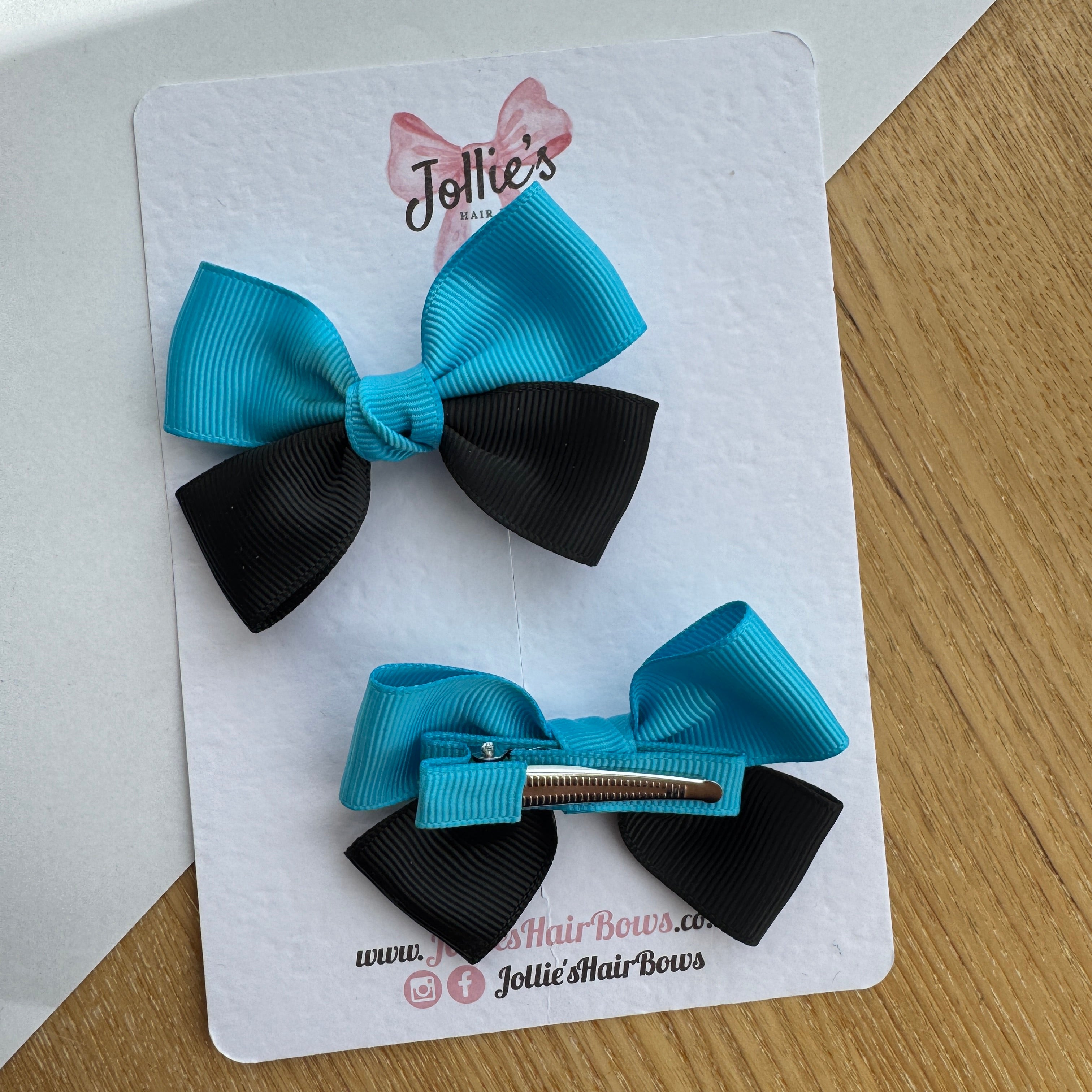 2.5" Turquoise & Black Classic Hair Bow Pair – Grosgrain Ribbon Clips with Teeth