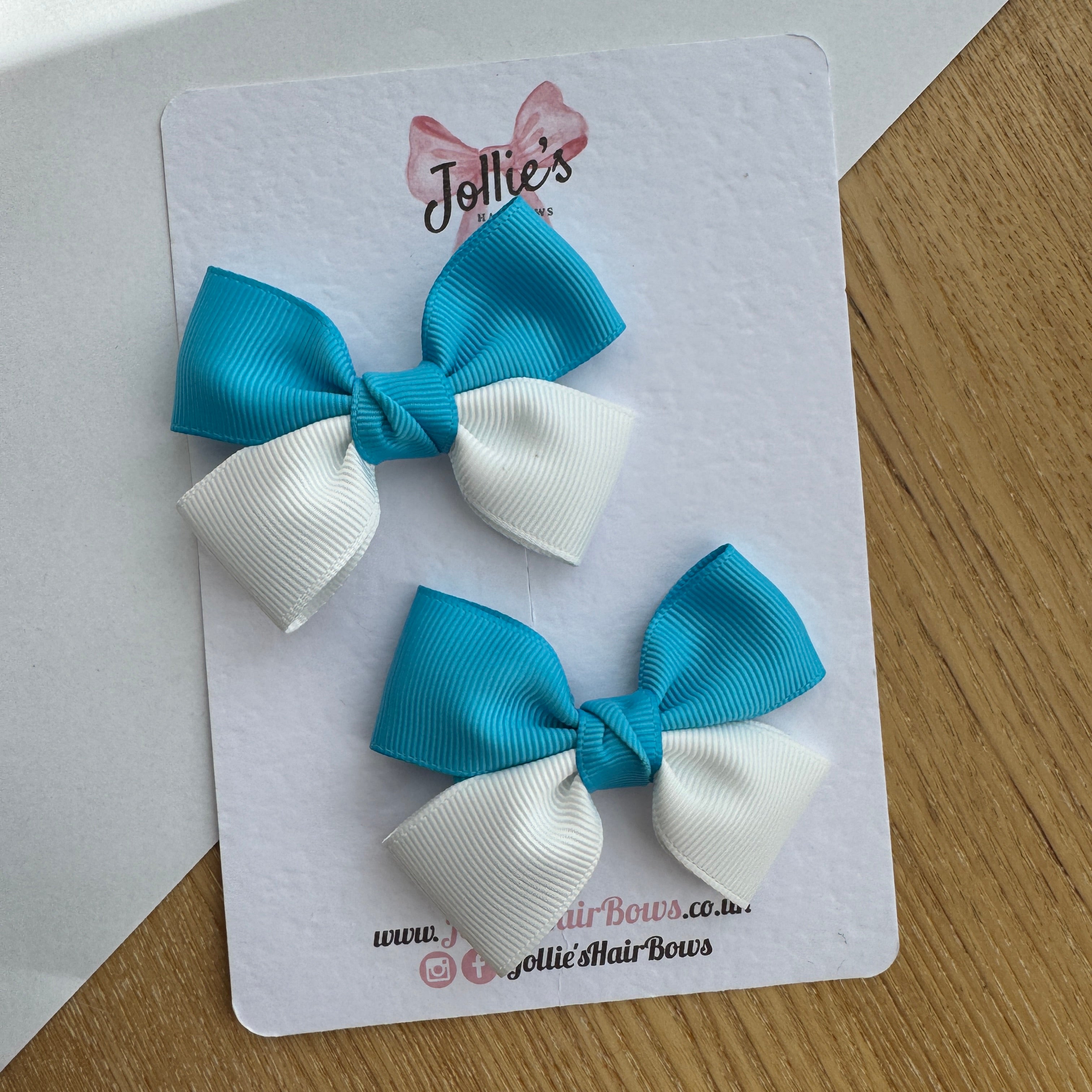 2.5" Turquoise & White Classic Hair Bow Pair – Grosgrain Ribbon Clips with Teeth