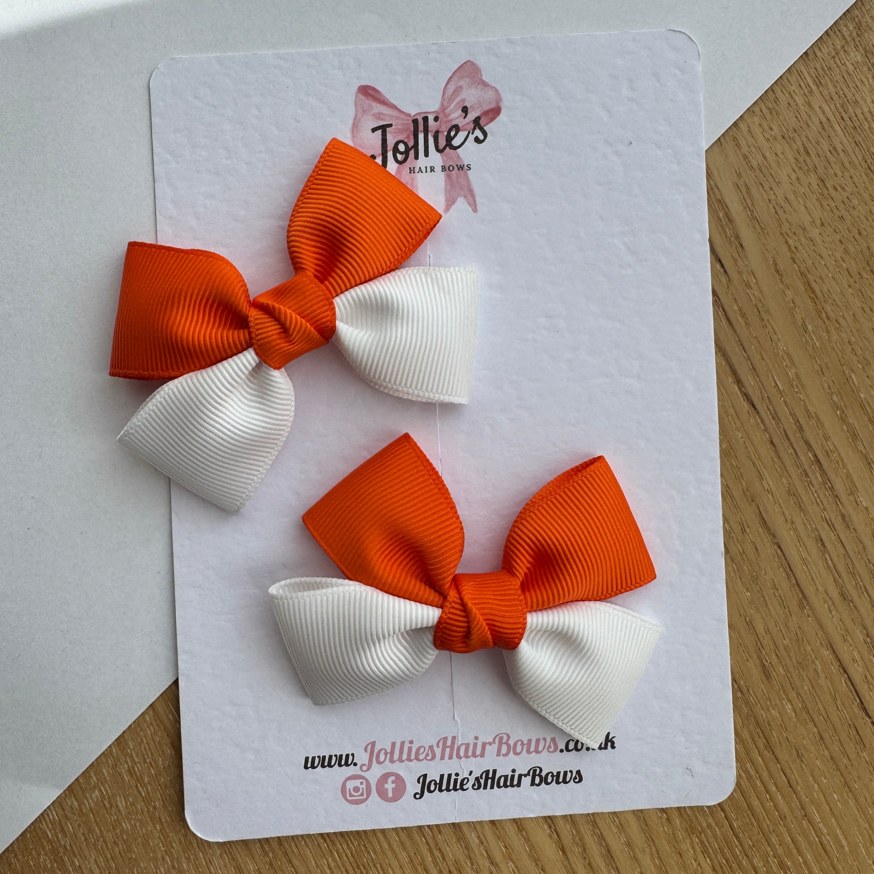 2.5" Orange & White Classic Hair Bow Pair – Grosgrain Ribbon Clips with Teeth