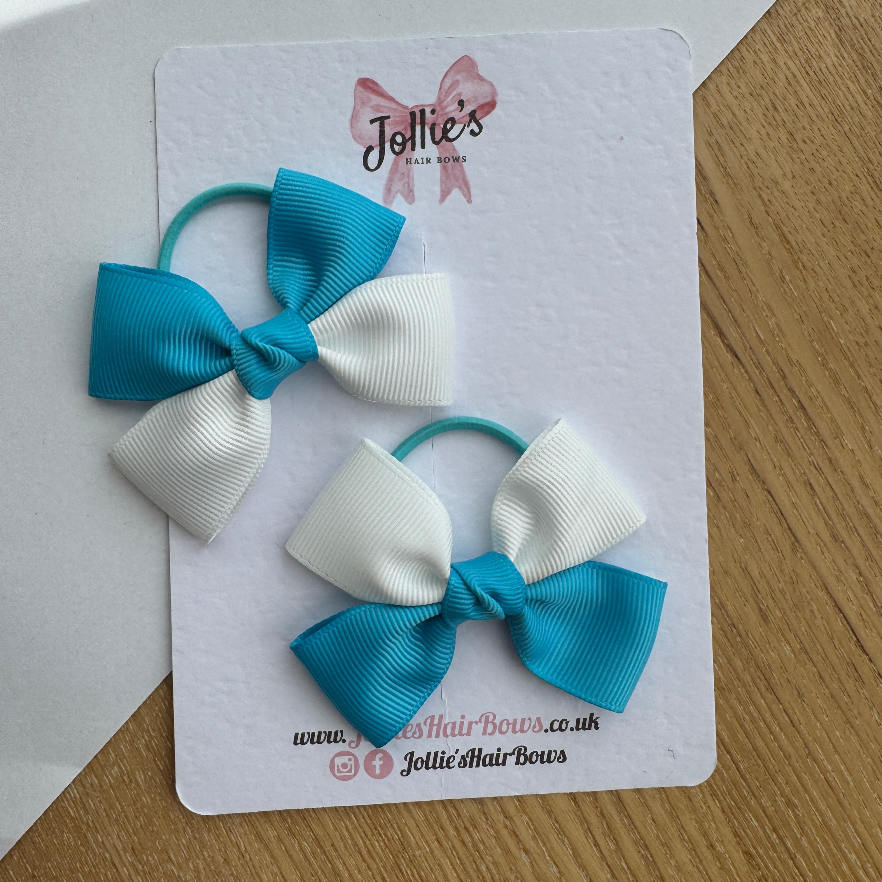 2.5" Turquoise & White Classic Hair Bow Pair – Grosgrain Ribbon on Thin Elastic