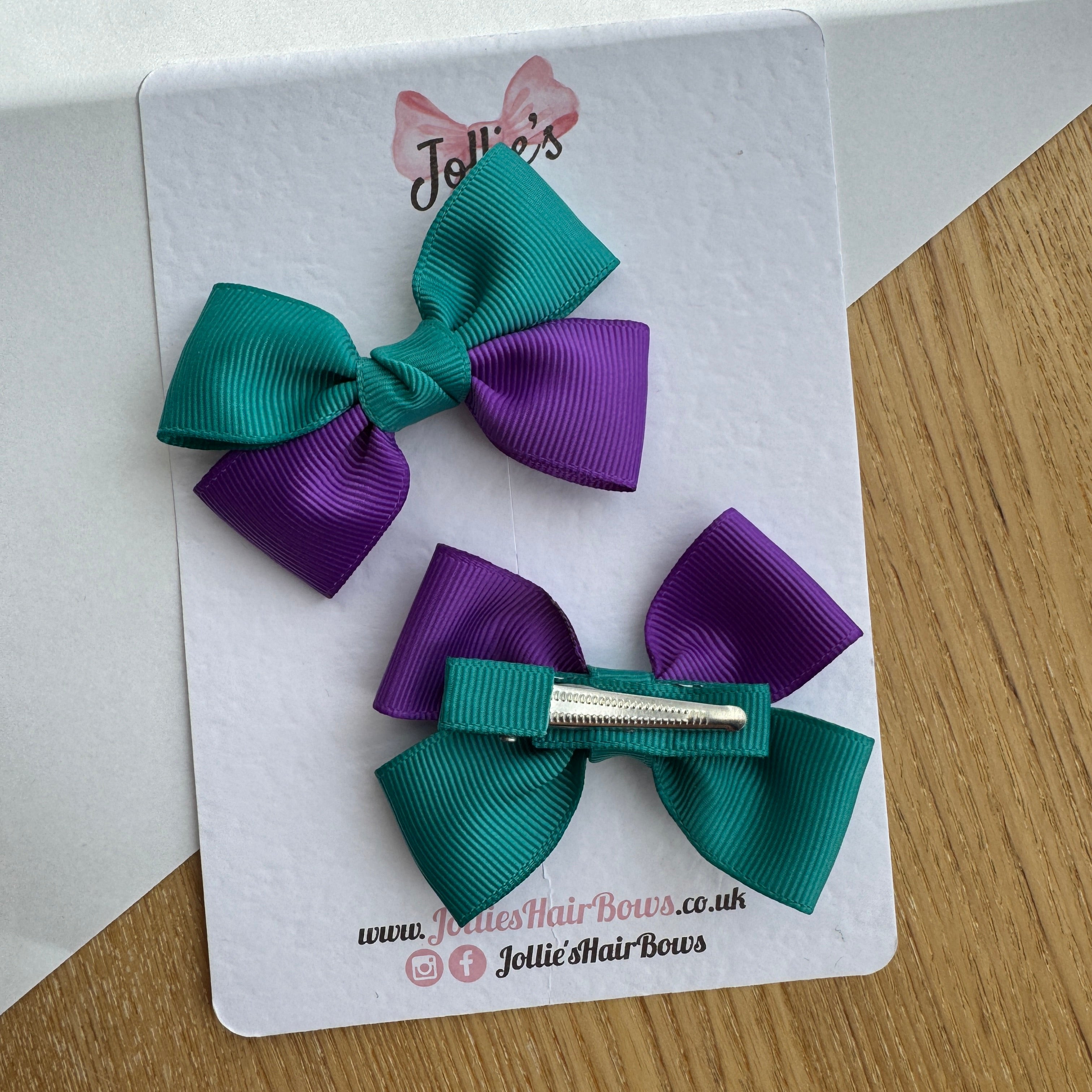 2.5" Jade Green & Purple Classic Hair Bow Pair – Grosgrain Ribbon Clips with Teeth