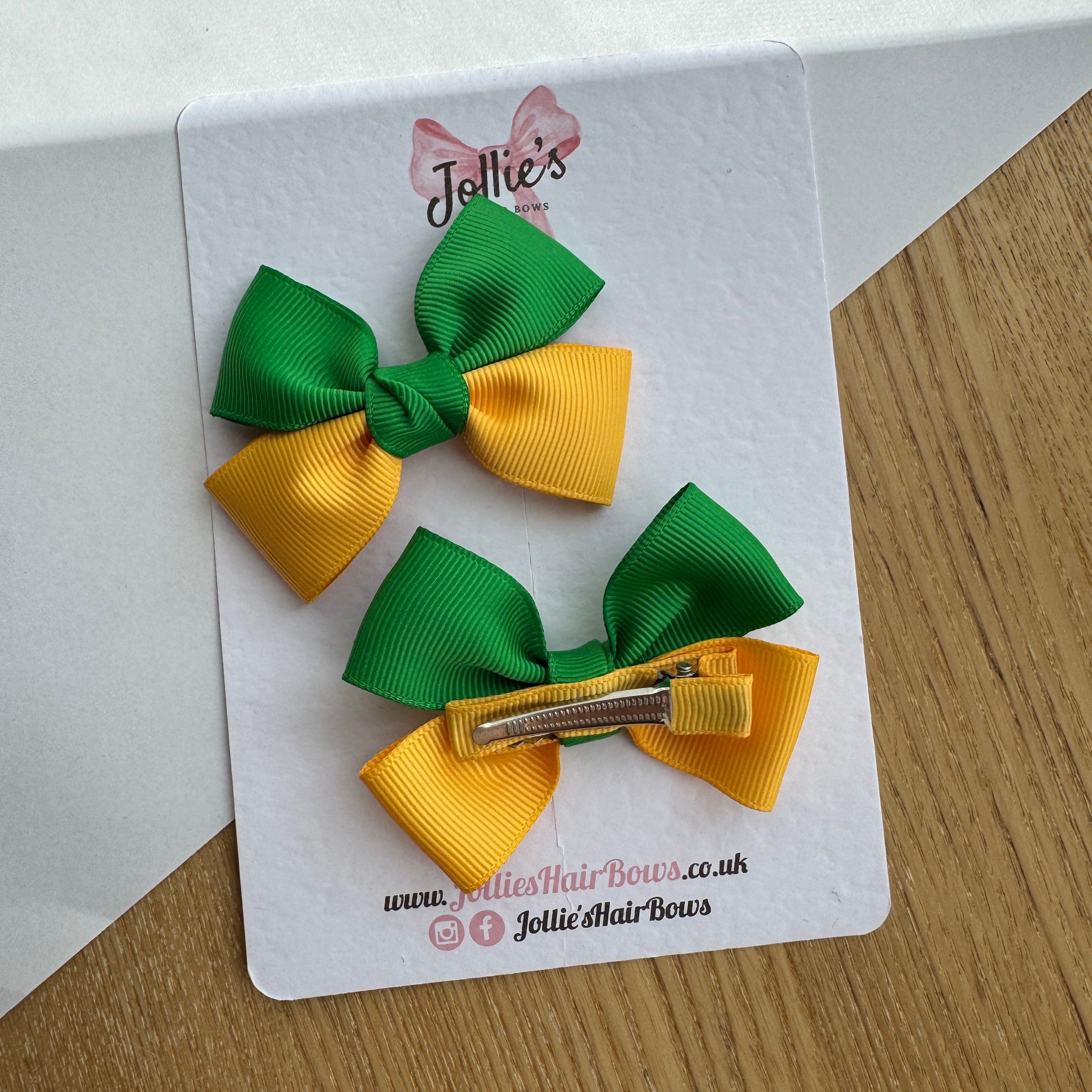 2.5" Emerald Green & Yellow Gold Classic Hair Bow Pair – Grosgrain Ribbon Clips with Teeth