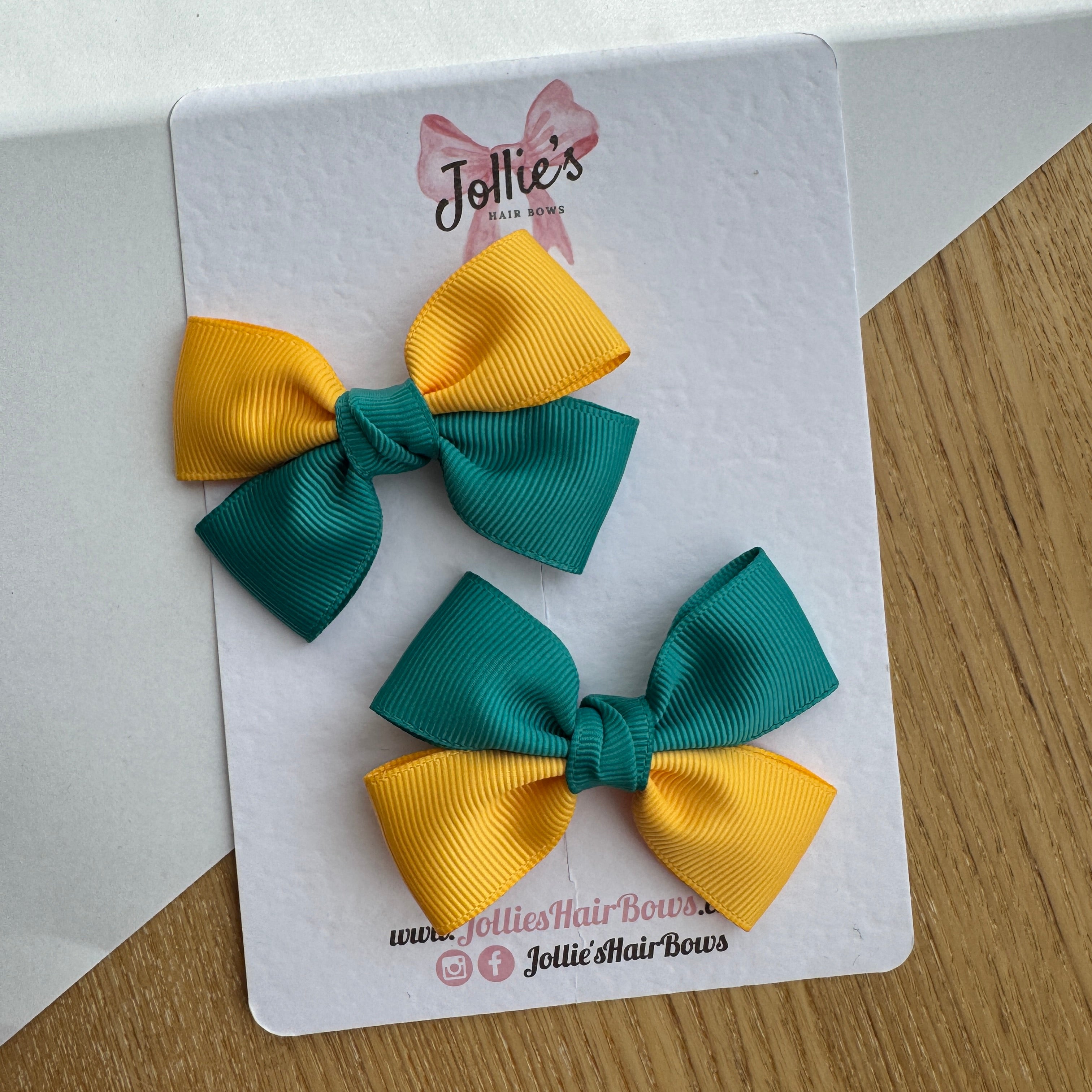 2.5" Jade Green & Yellow Gold Classic Hair Bow Pair – Grosgrain Ribbon Clips with Teeth